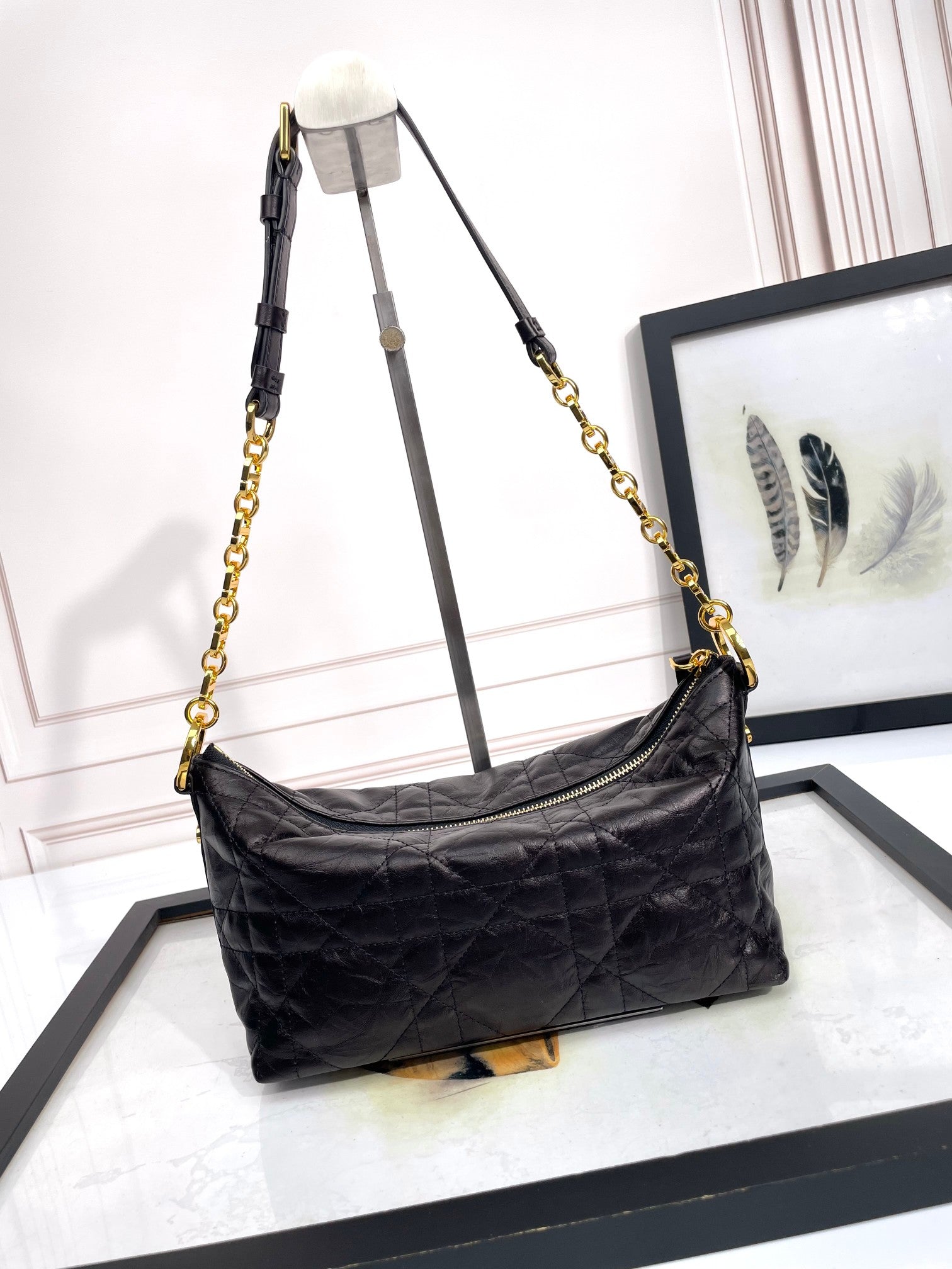 Elegant Black Quilted Leather Shoulder Bag with Gold Chain Strap