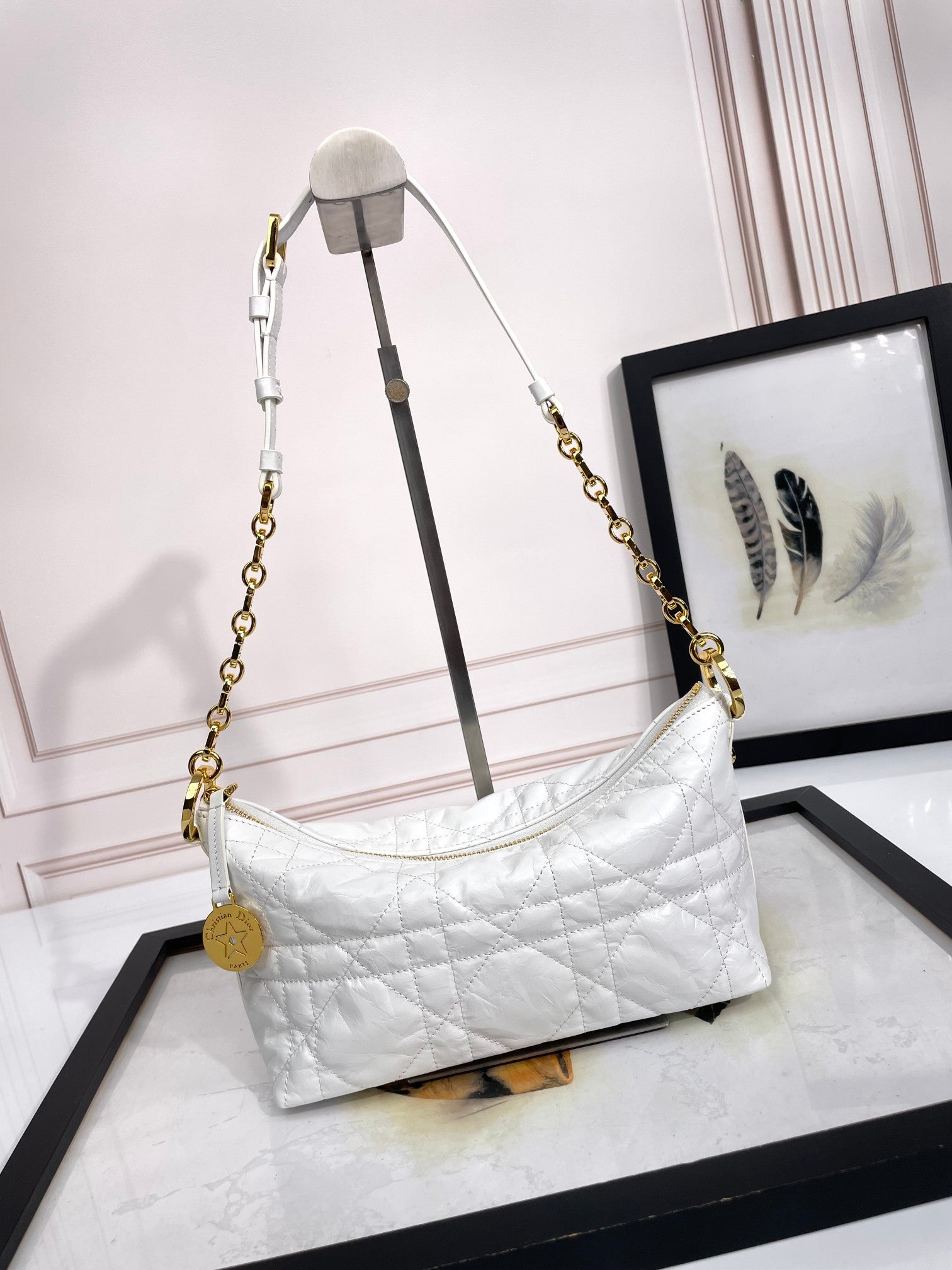 Elegant White Quilted Shoulder Bag with Gold-Tone Chain Strap