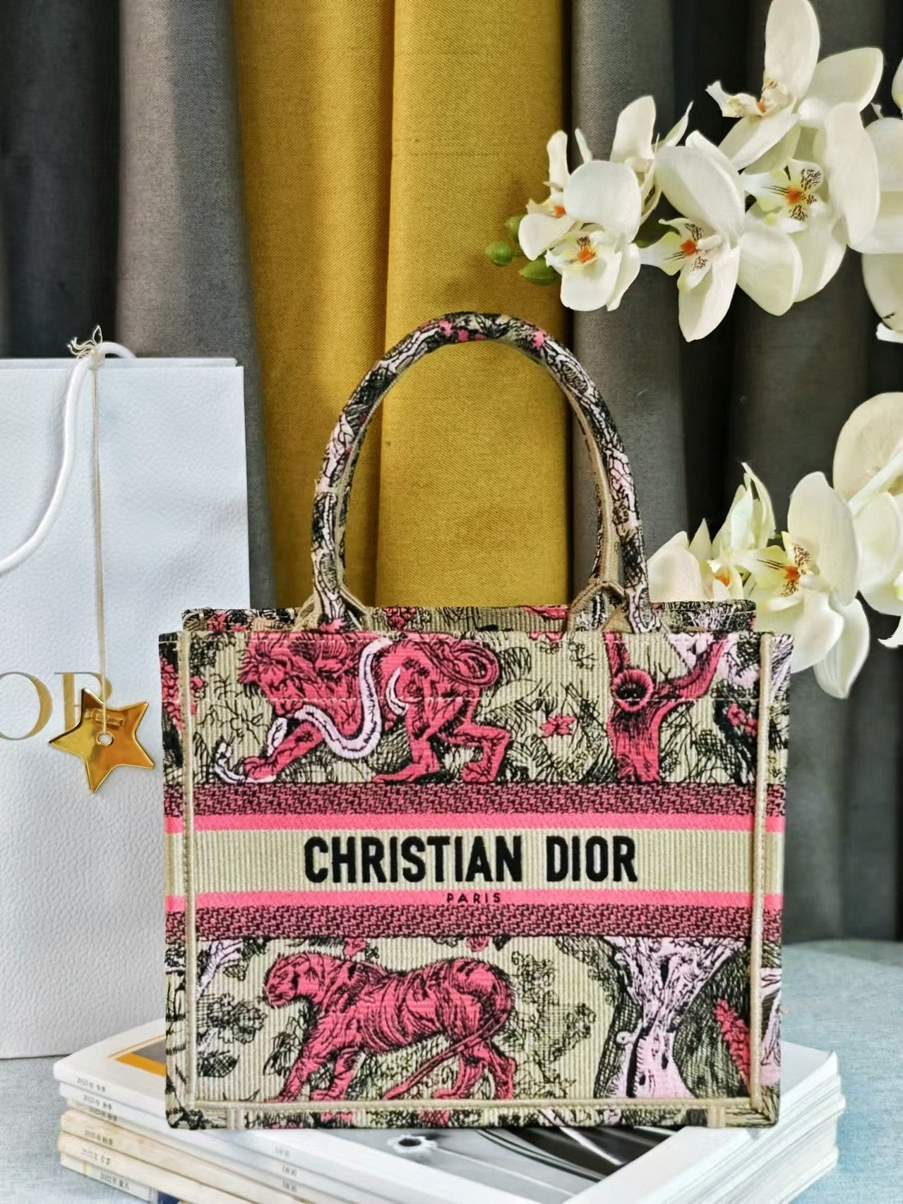 Christian Dior Small Book Tote Bag Pink Toile de Jouy Sauvage Embroidery
