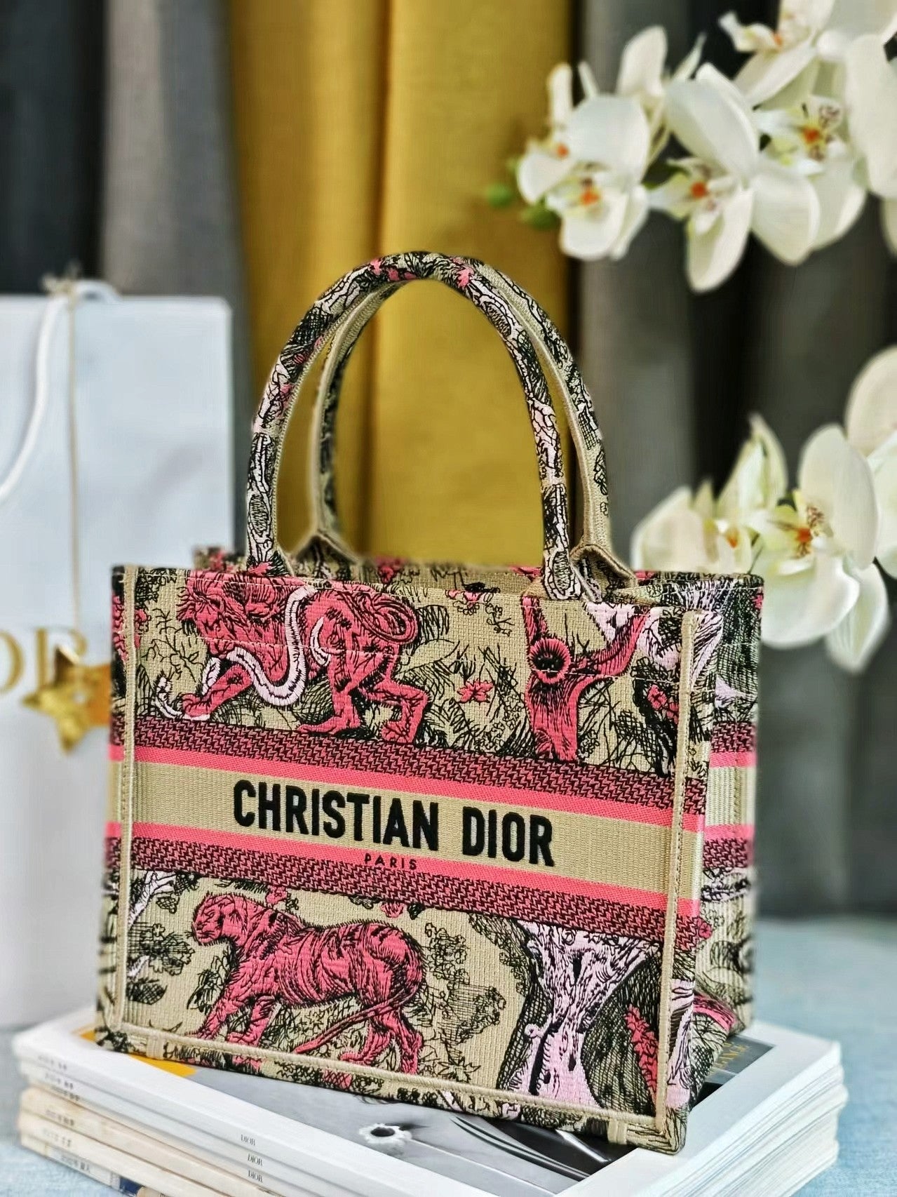 Christian Dior Small Book Tote Bag Pink Toile de Jouy Sauvage Embroidery