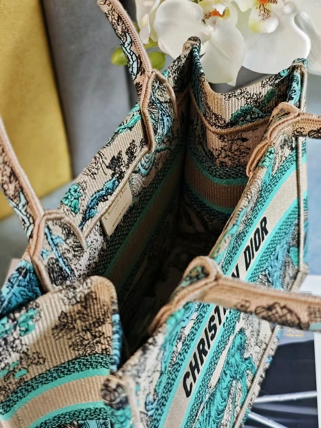 Christian Dior Small Book Tote Green Toile de Jouy Embroidery Handbag