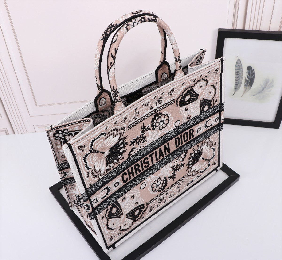 Christian Dior Large Book Tote Bag - Beige and Black Butterfly Embroidered Canvas