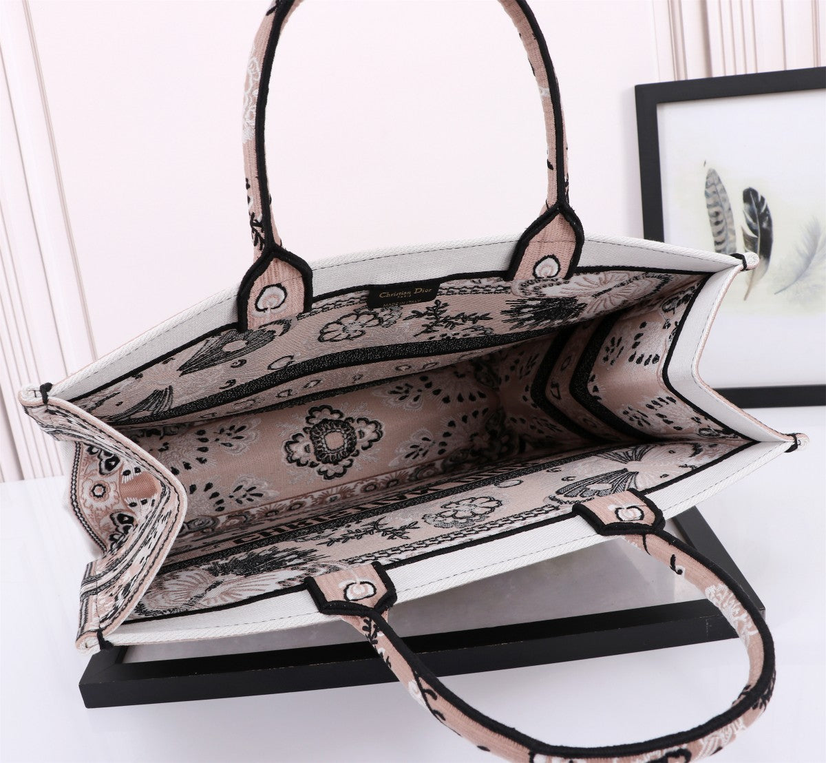 Christian Dior Large Book Tote Bag - Beige and Black Butterfly Embroidered Canvas