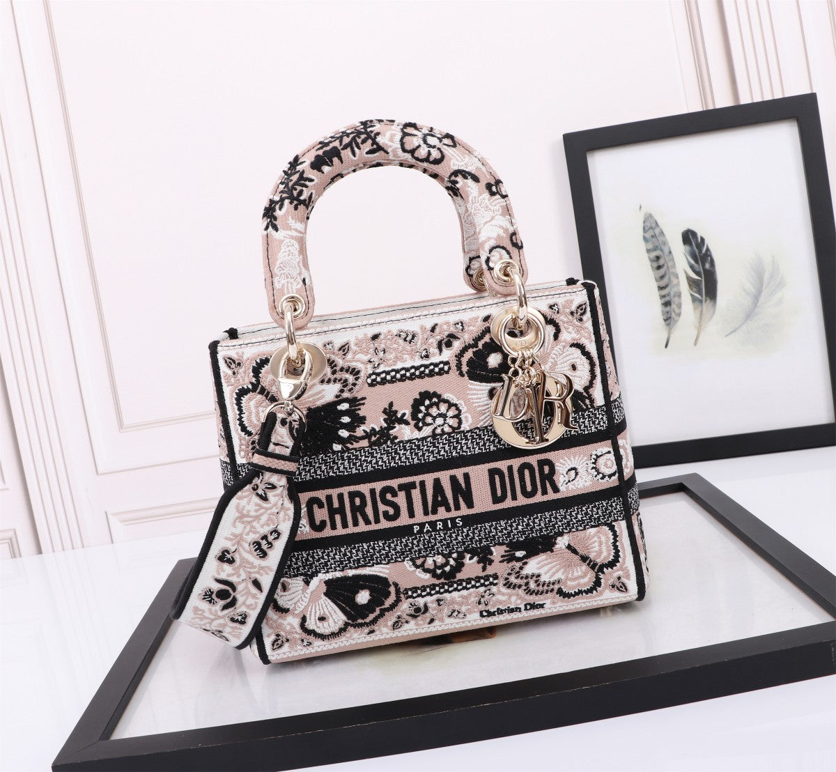 Christian Dior Medium Lady D-Lite Bag - Black and White Butterfly Around the World Embroidery