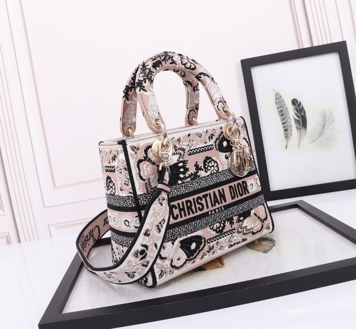 Christian Dior Medium Lady D-Lite Bag - Black and White Butterfly Around the World Embroidery