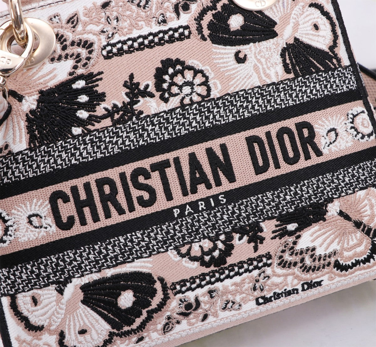 Christian Dior Medium Lady D-Lite Bag - Black and White Butterfly Around the World Embroidery