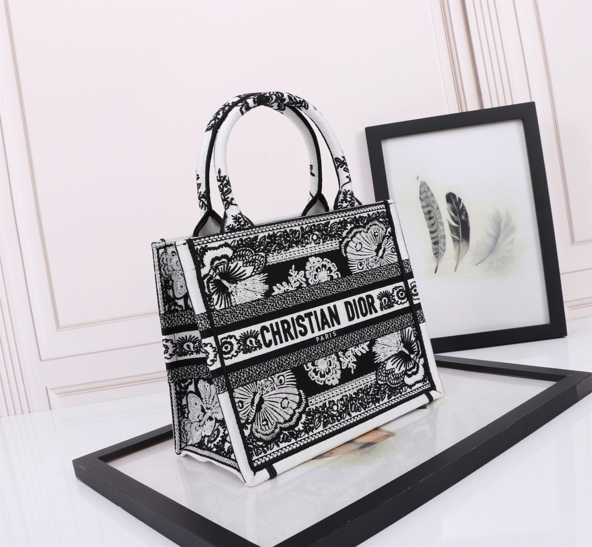 Christian Dior Medium Book Tote Bag - Black & White Embroidered Canvas