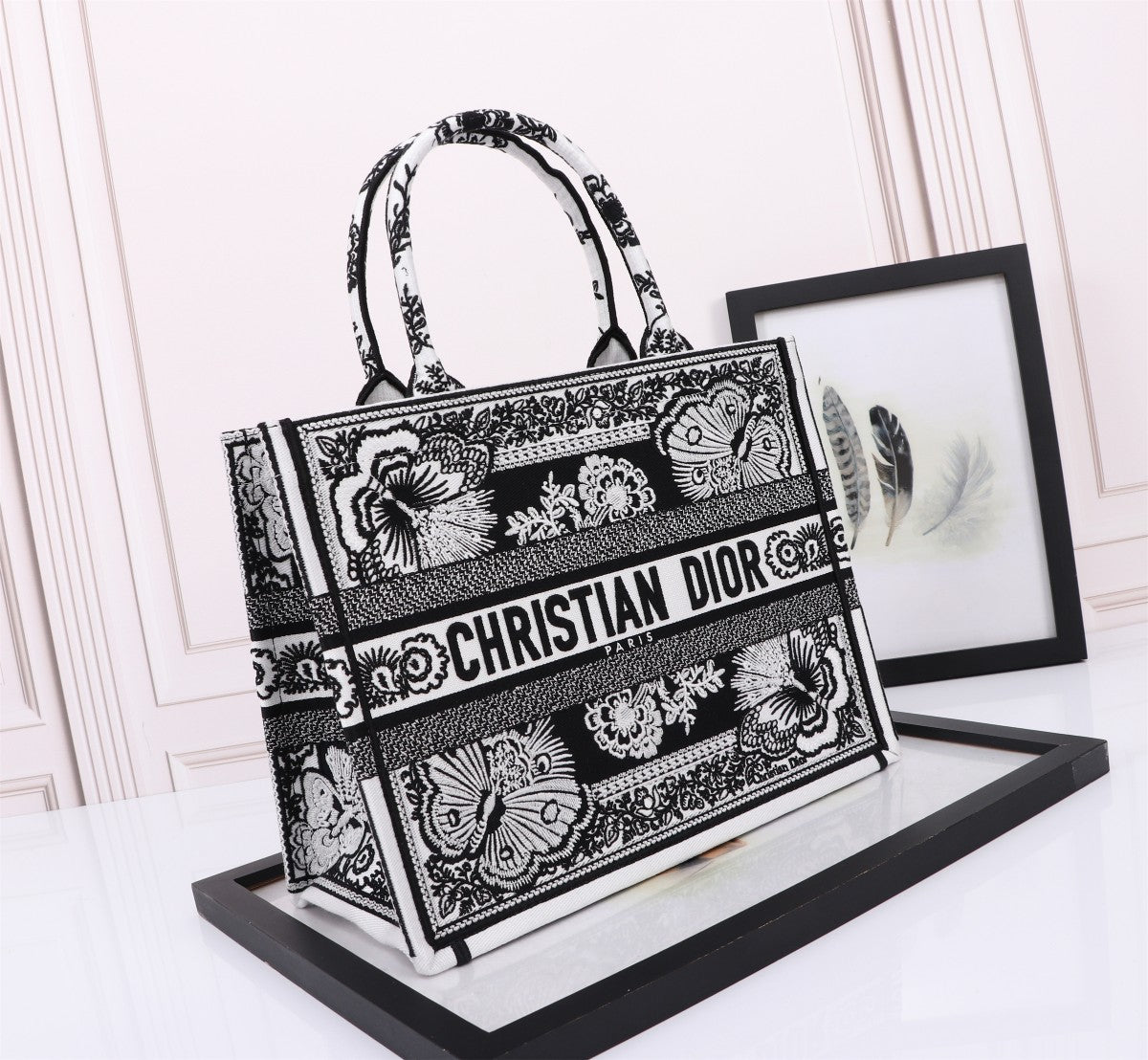 Christian Dior Book Tote Bag - Black and White Butterfly Around The World Embroidery