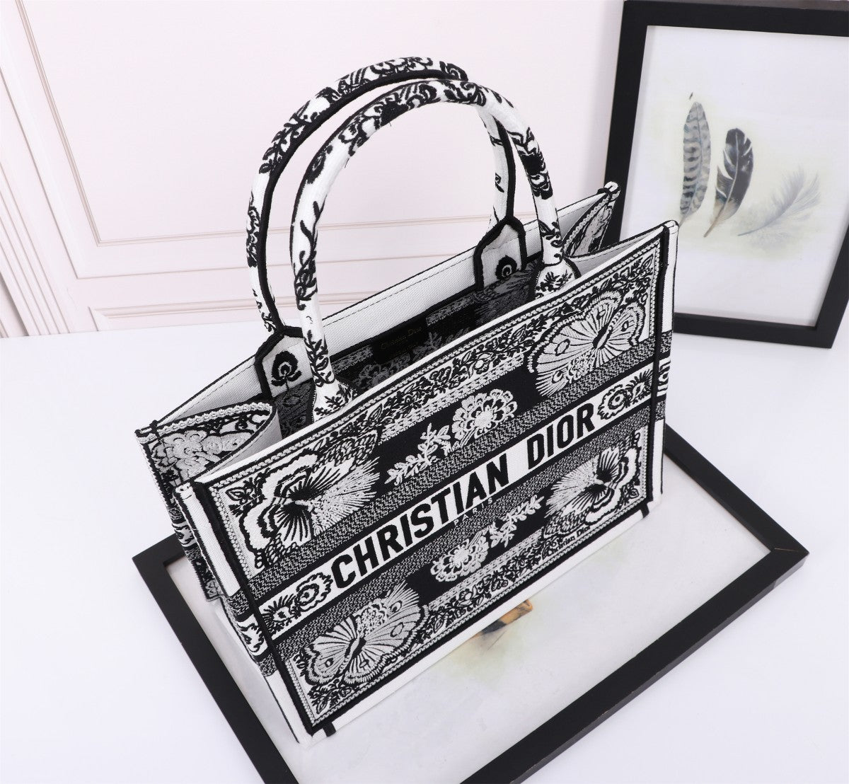 Christian Dior Book Tote Bag with Black and White Butterfly Embroidery