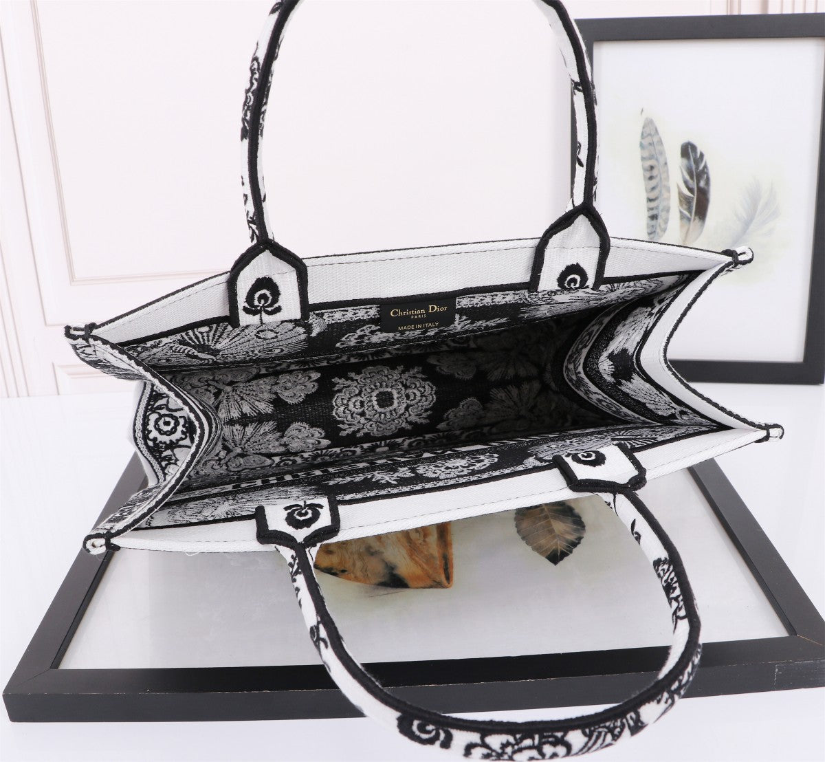 Christian Dior Book Tote Bag - Black and White Butterfly Around The World Embroidery