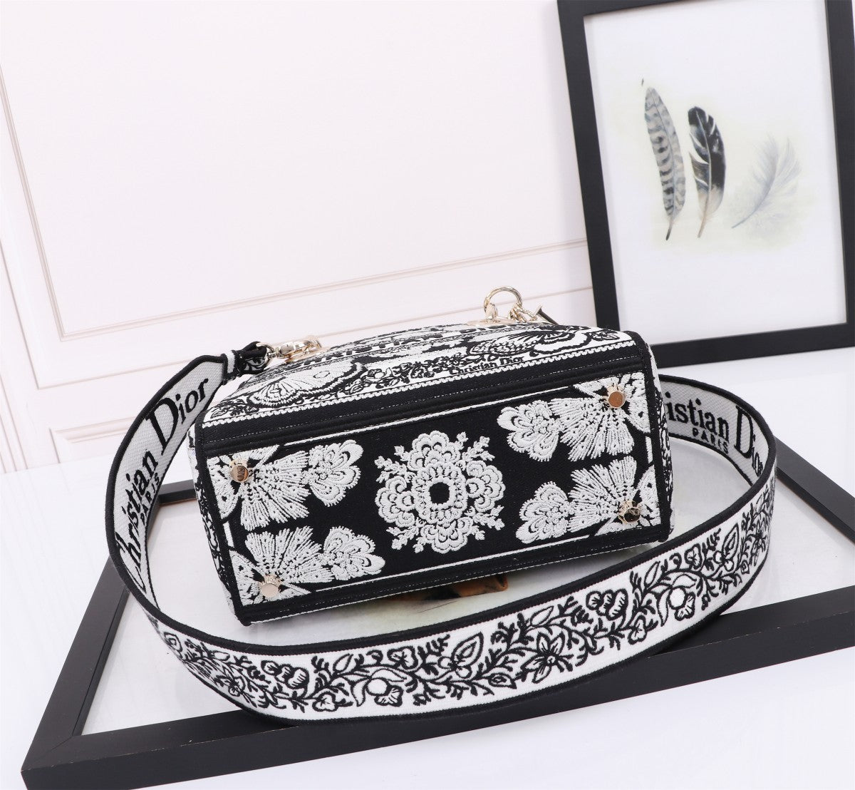 Christian Dior Lady D-Lite Medium Bag Black and White Embroidery Butterfly Pattern