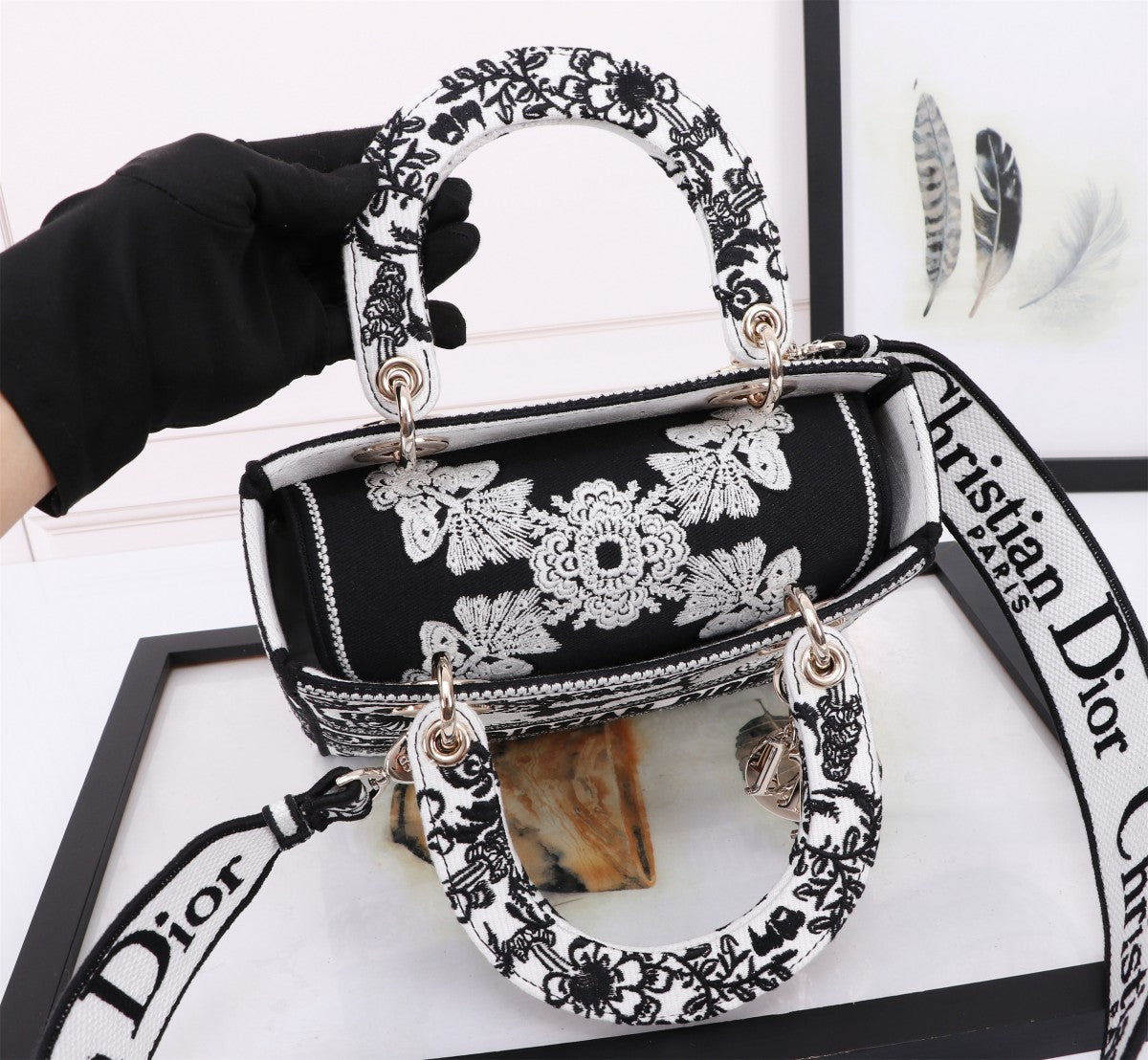 Christian Dior Lady D-Lite Black and White Embroidered Handbag