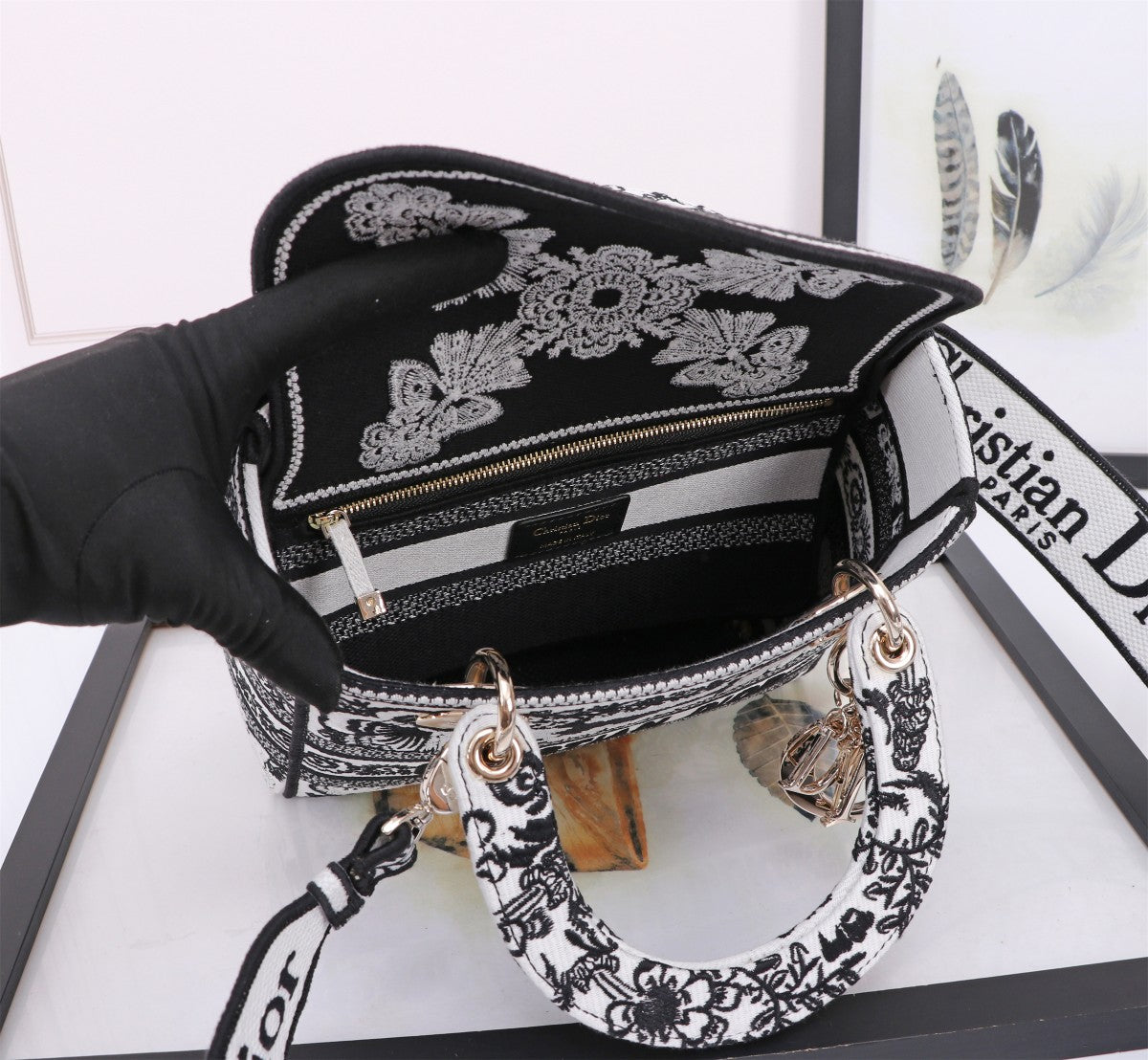 Christian Dior Lady D-Lite Black and White Embroidered Handbag