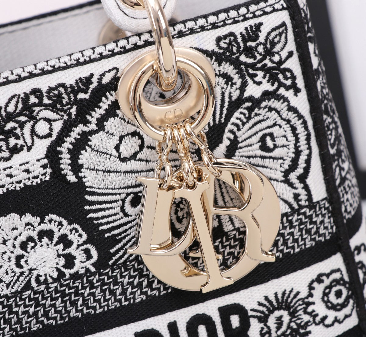 Christian Dior Lady D-Lite Medium Bag Black and White Embroidery Butterfly Pattern
