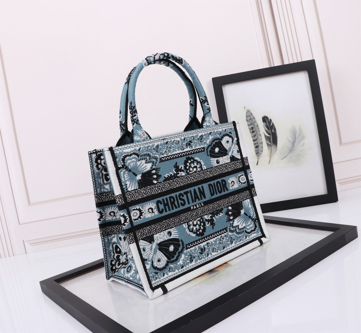 Christian Dior Medium Book Tote - Blue Butterfly Toile de Jouy Embroidered Canvas Bag