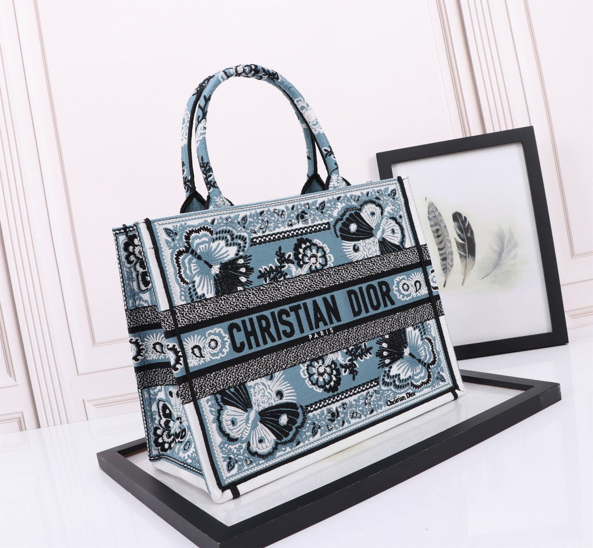 Christian Dior Medium Book Tote Butterfly Embroidered Handbag - Blue/White