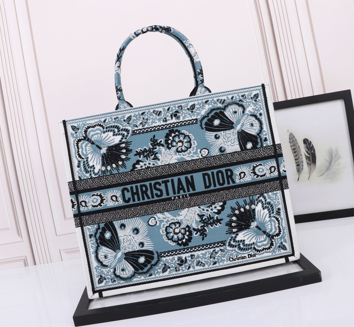Christian Dior Medium Book Tote Blue Butterfly Embroidery