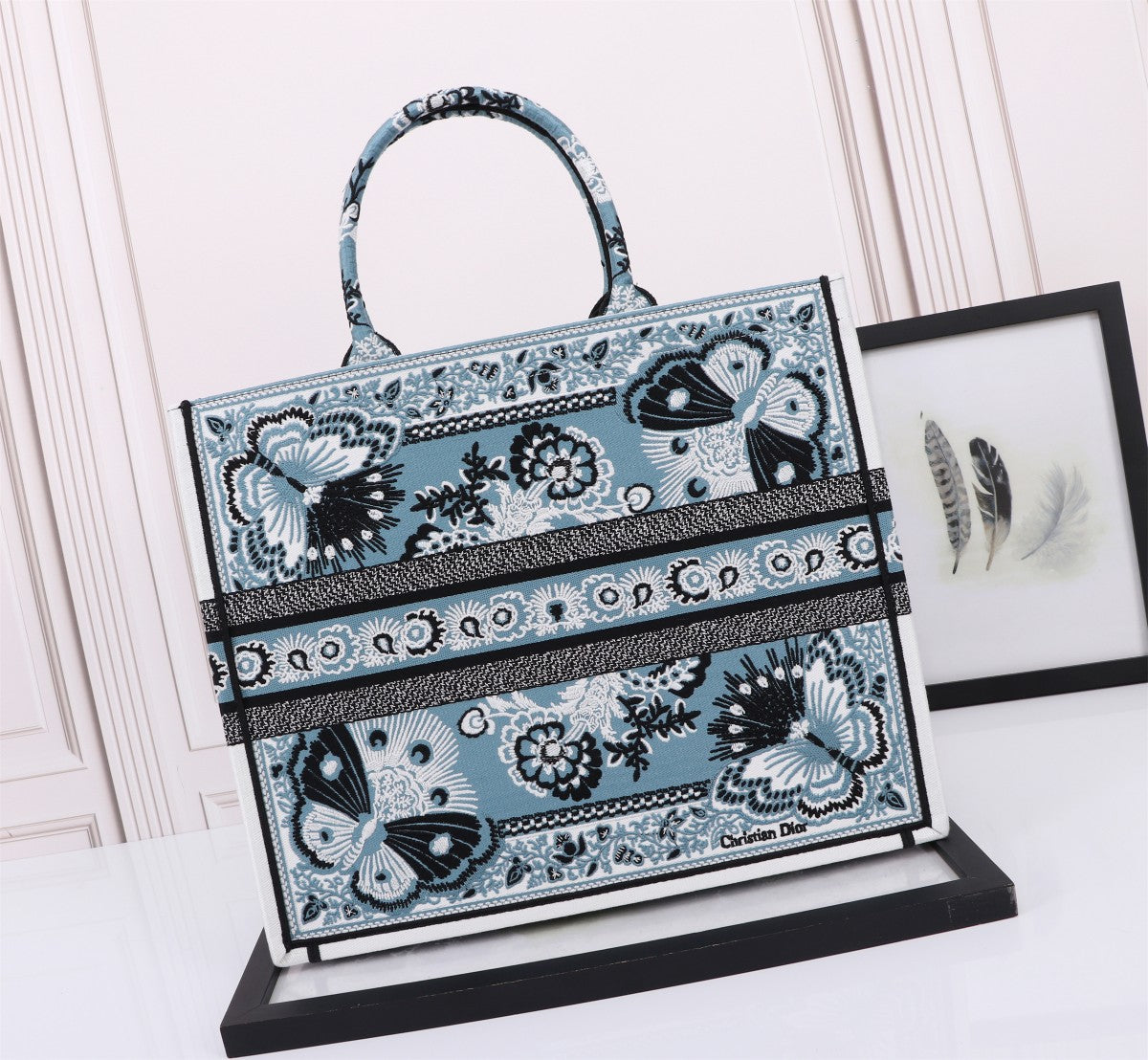 Christian Dior Medium Book Tote Blue Butterfly Embroidery