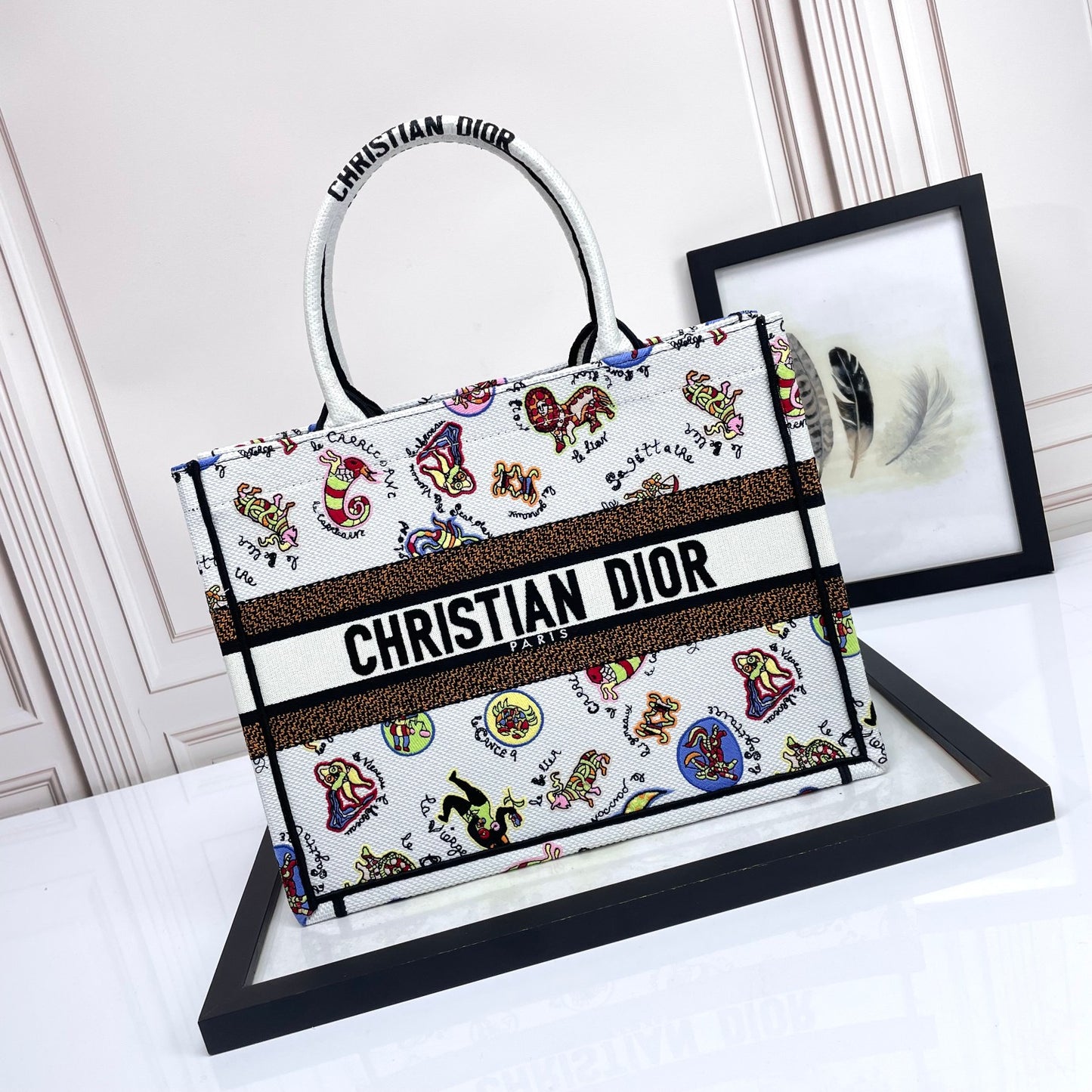Christian Dior Large Book Tote Bag in White Multicolor Animal Print Embroidery