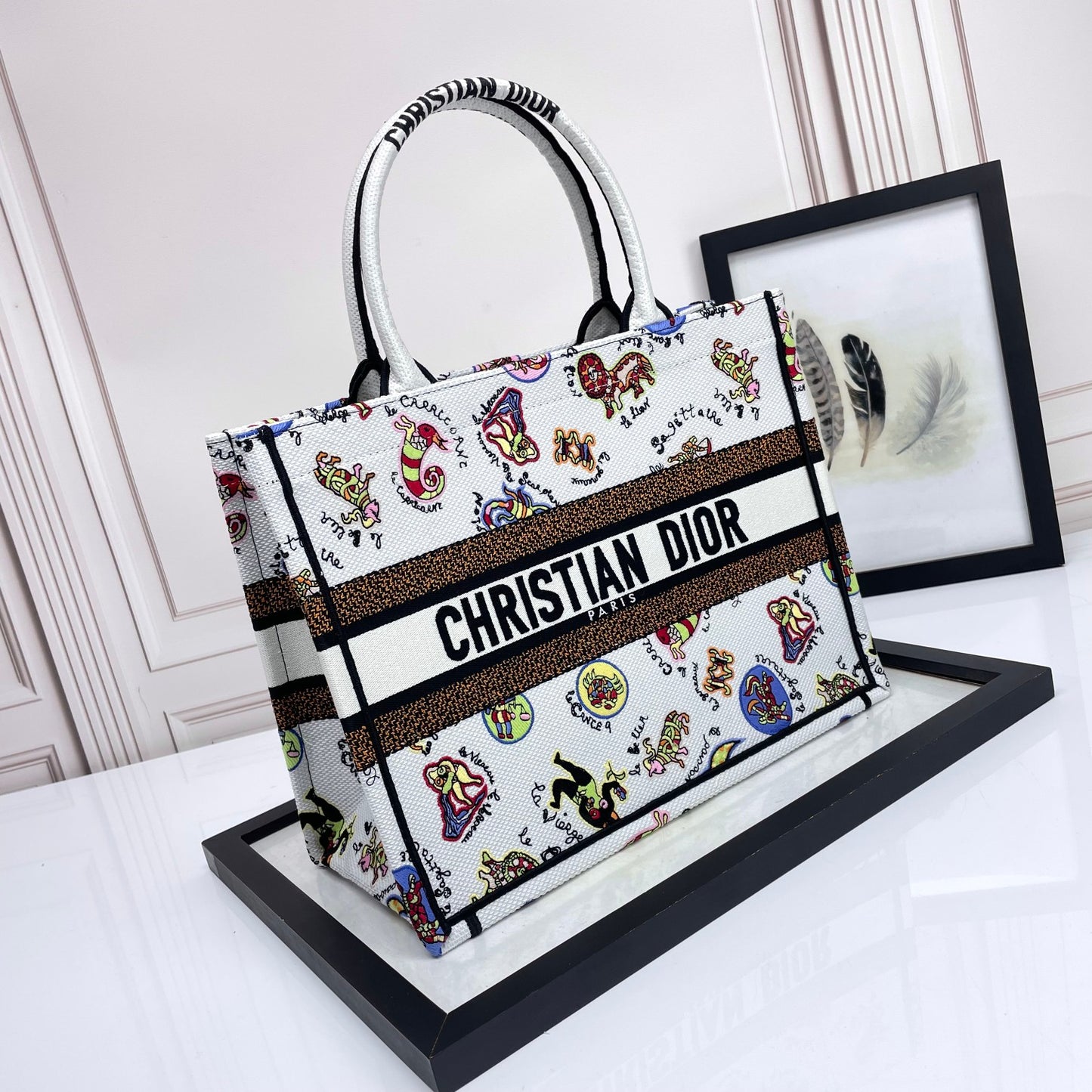 Christian Dior Medium Book Tote - White Multicolor Animal Print Embroidered Canvas Bag