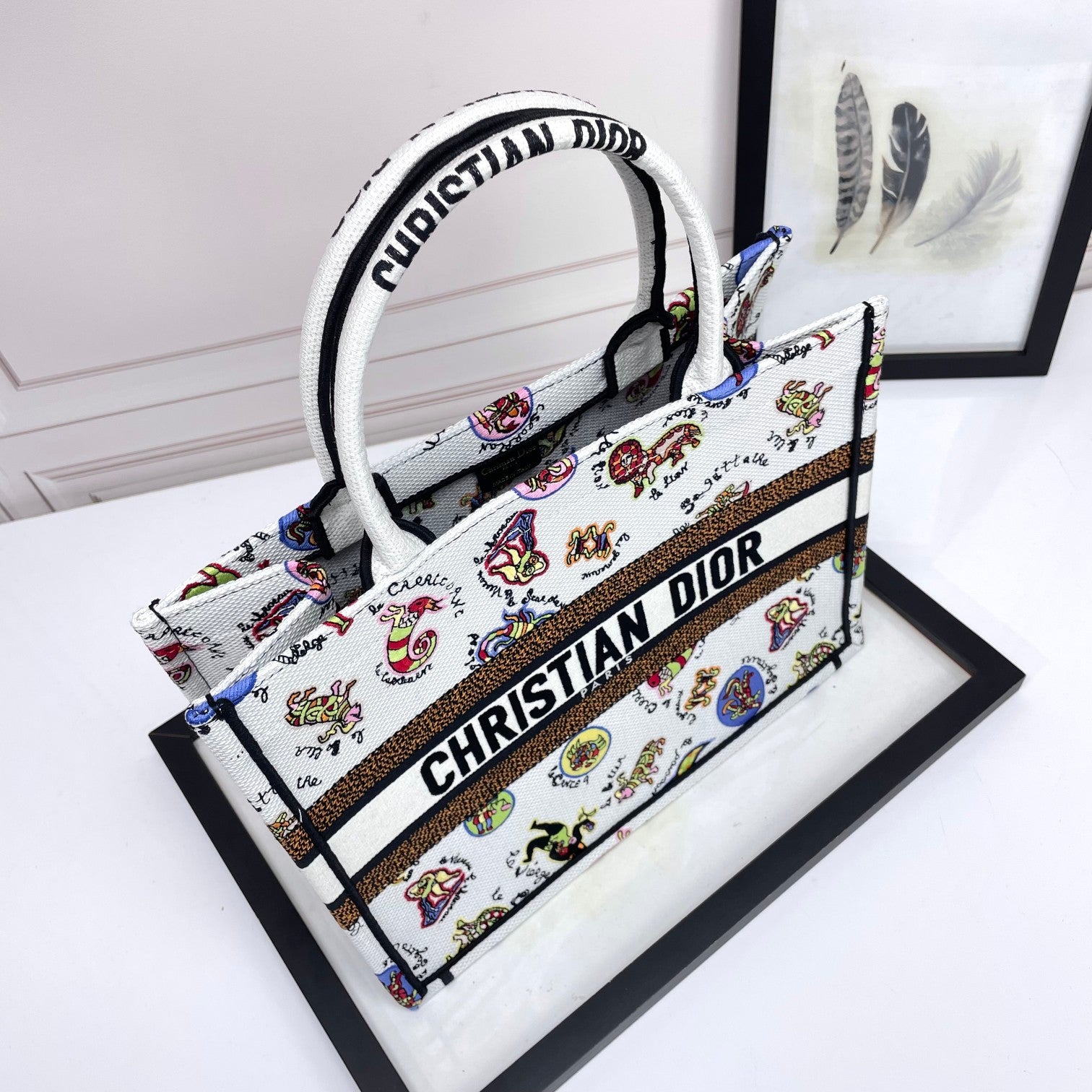 Christian Dior Large Book Tote Bag in White Multicolor Animal Print Embroidery