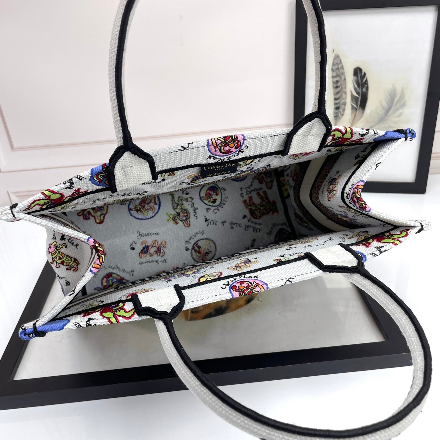 Christian Dior Large Book Tote Bag in White Multicolor Animal Print Embroidery