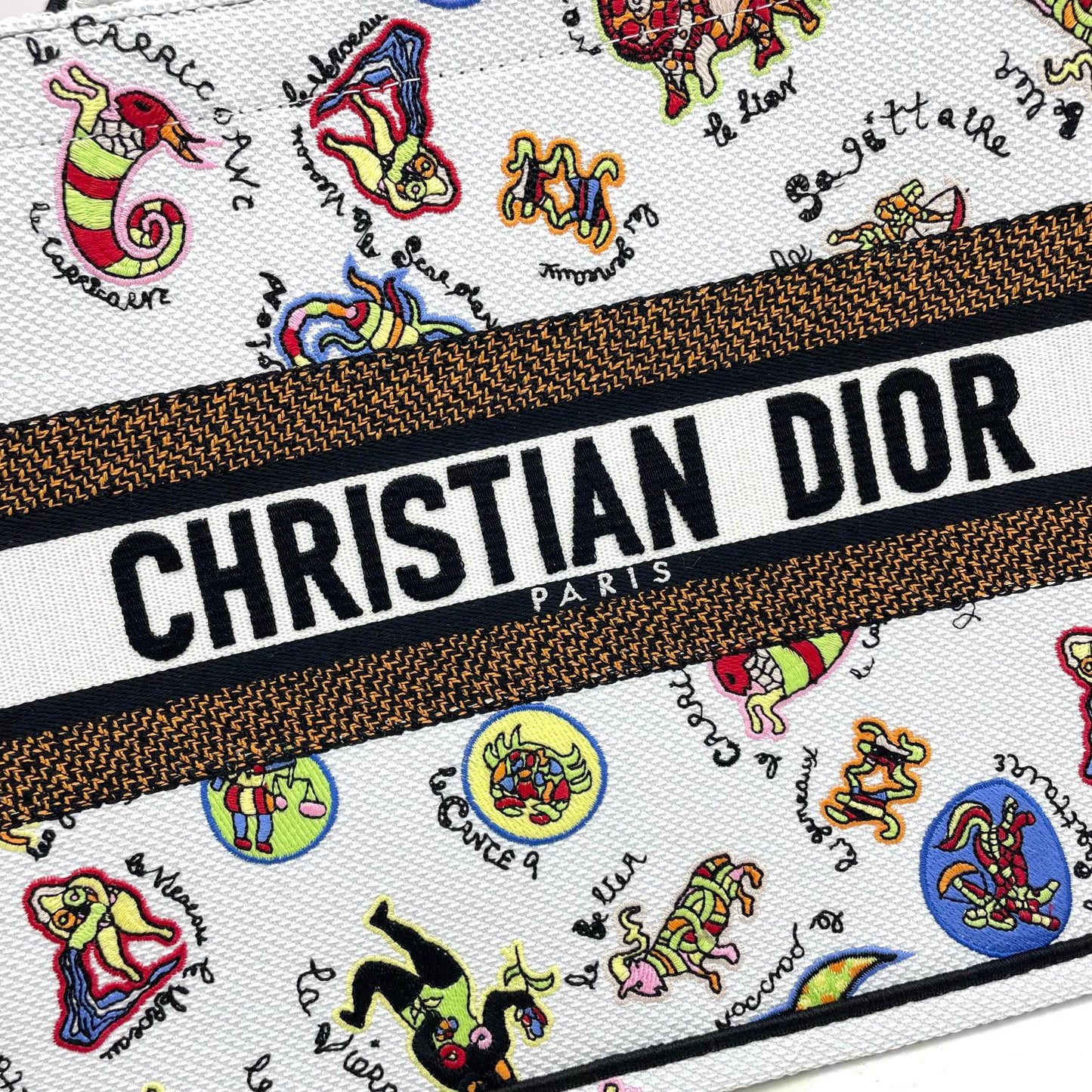 Christian Dior Large Book Tote Bag in White Multicolor Animal Print Embroidery