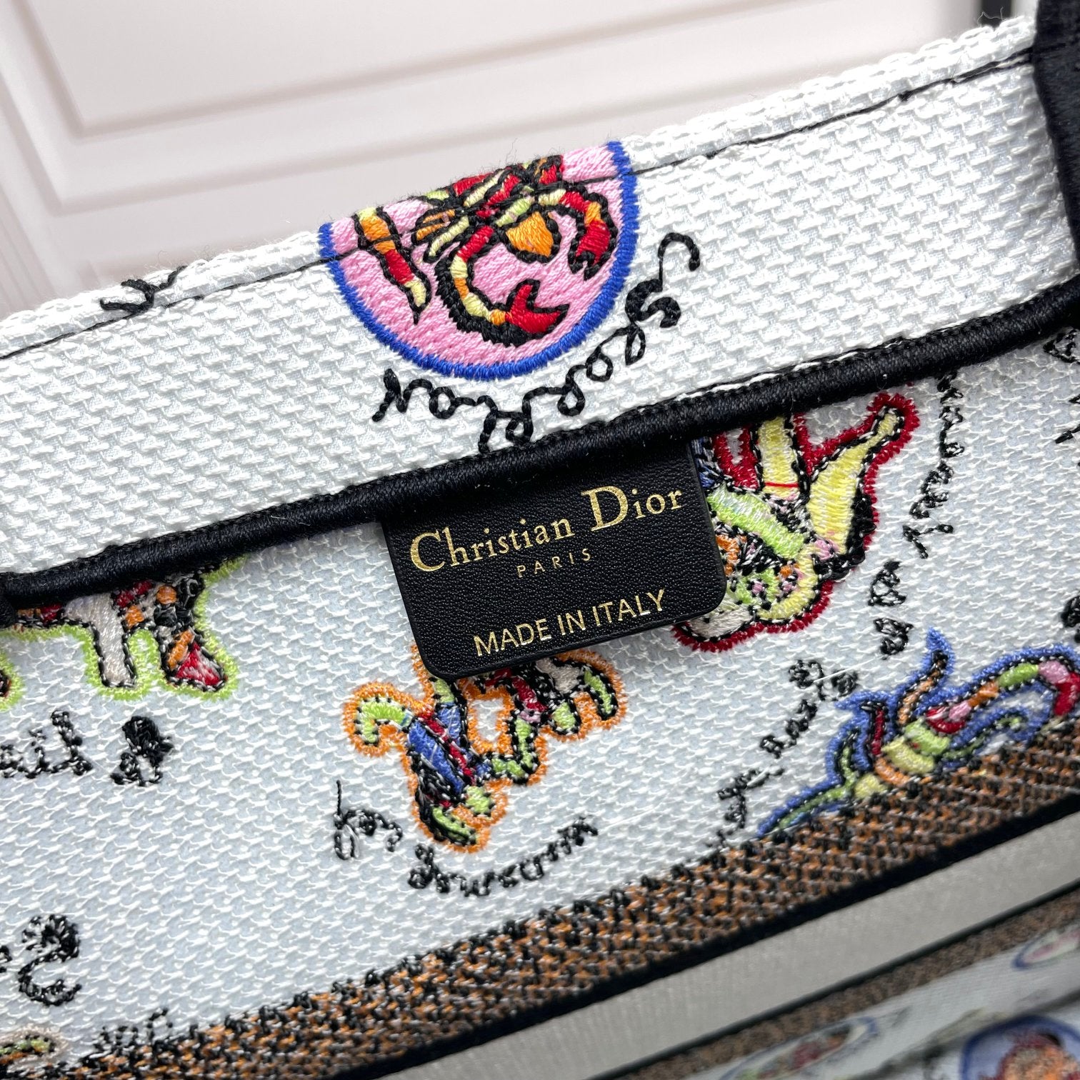 Christian Dior Large Book Tote Bag in White Multicolor Animal Print Embroidery
