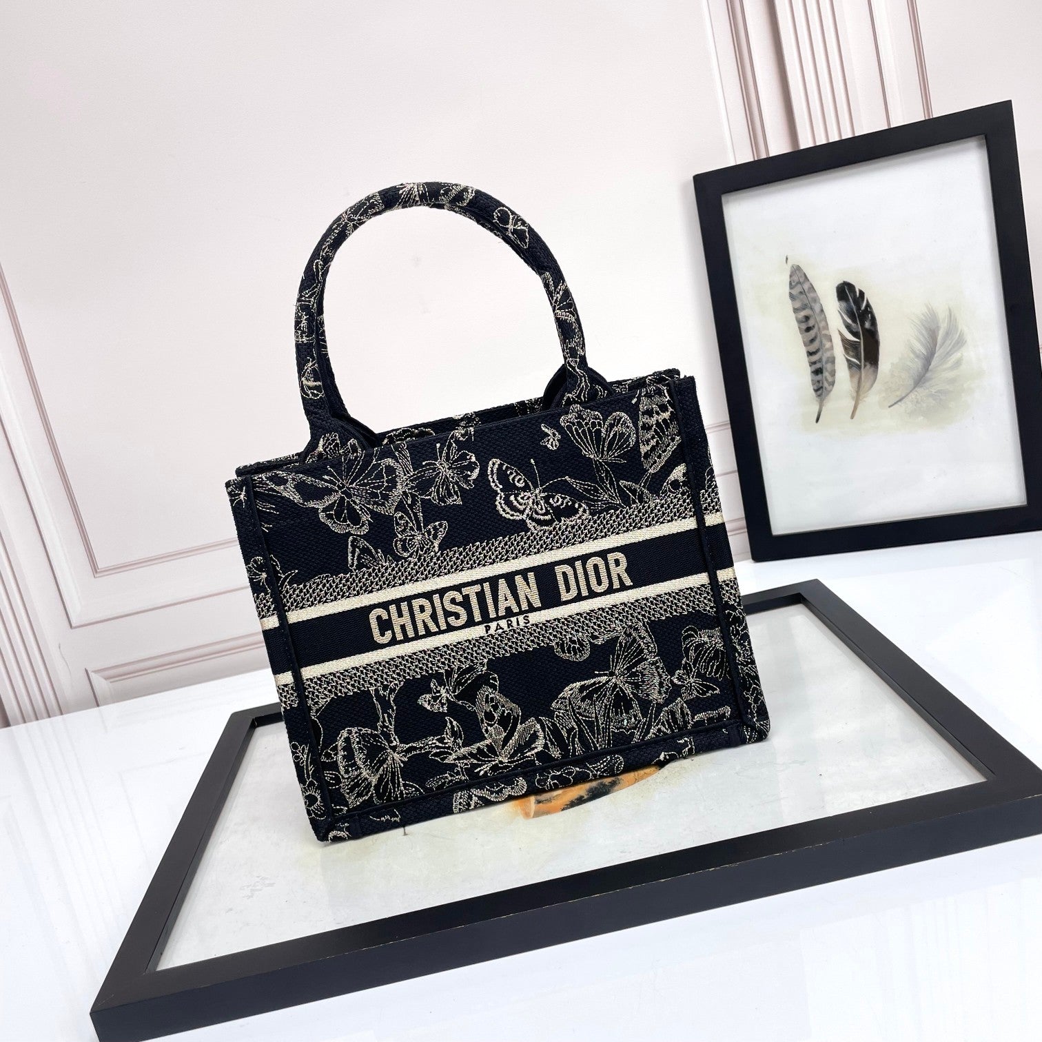 Christian Dior Small Book Tote - Black and White Butterfly Around the World Embroidery