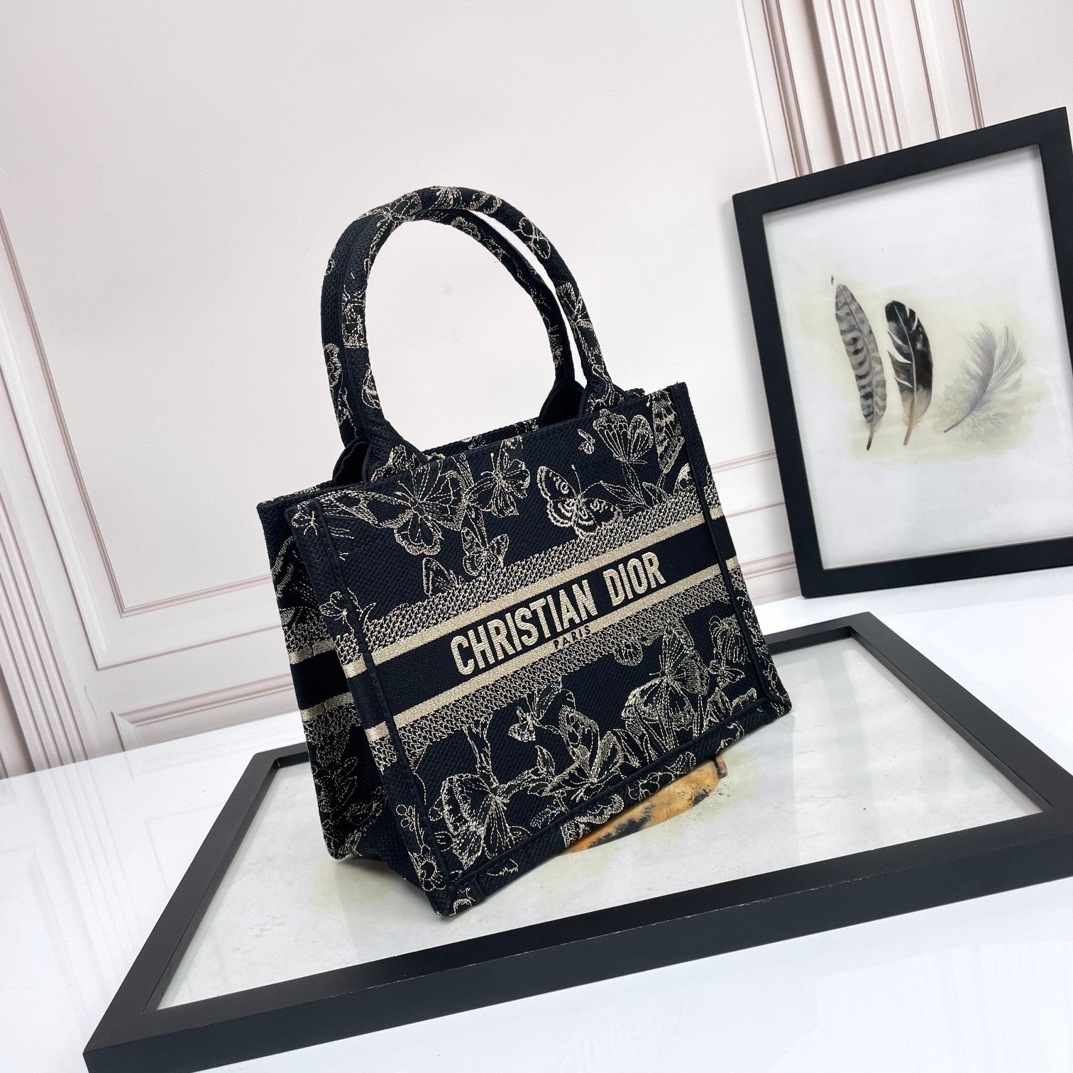 Christian Dior Book Tote Butterfly Around Embroidery Black and White Handbag