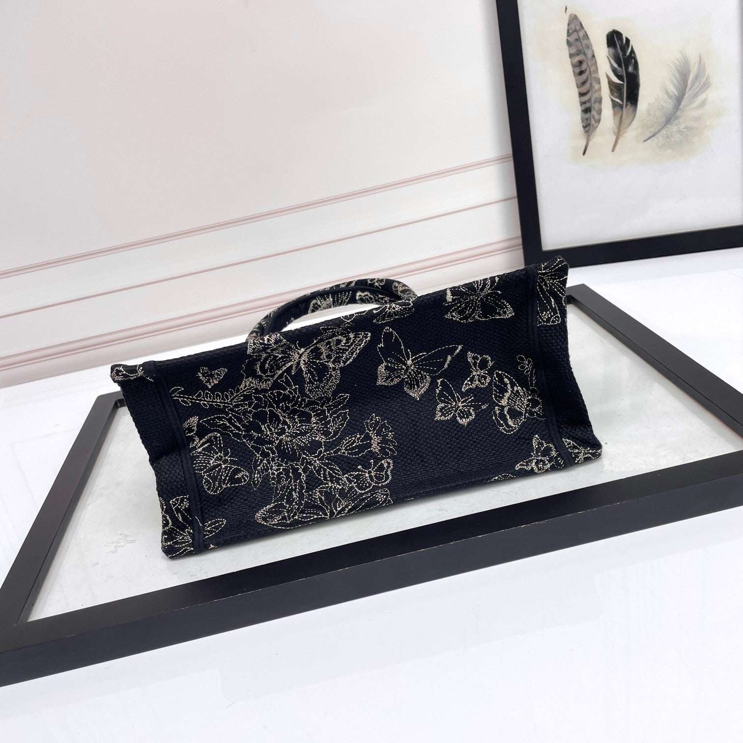 Christian Dior Book Tote Butterfly Around Embroidery Black and White Handbag