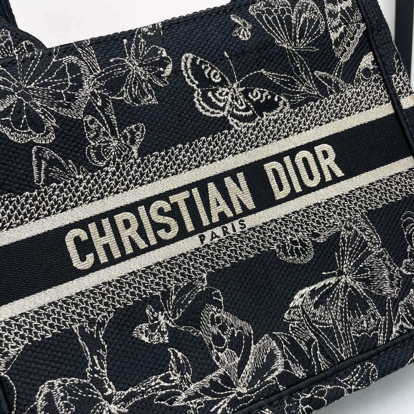 Christian Dior Book Tote Butterfly Around Embroidery Black and White Handbag