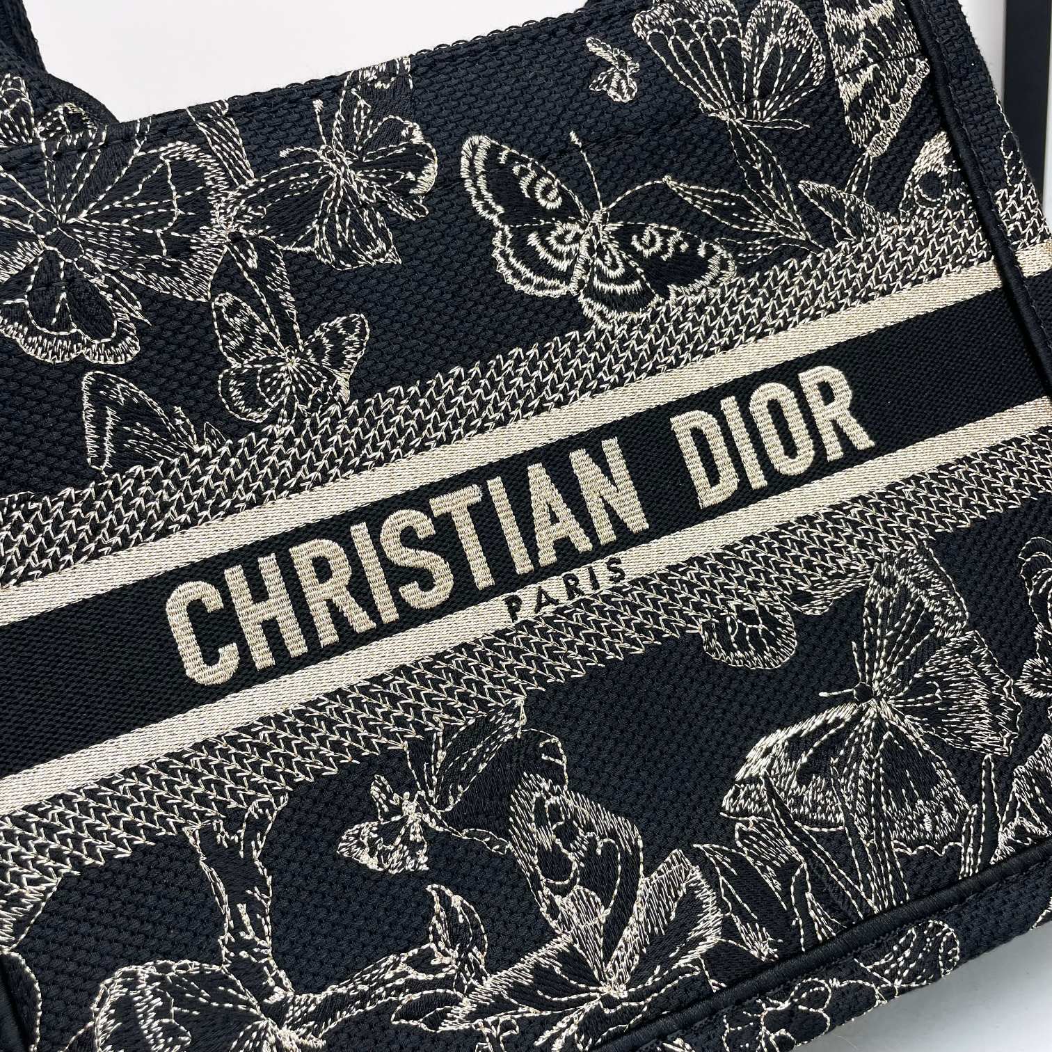 Christian Dior Book Tote Butterfly Around Embroidery Black and White Handbag