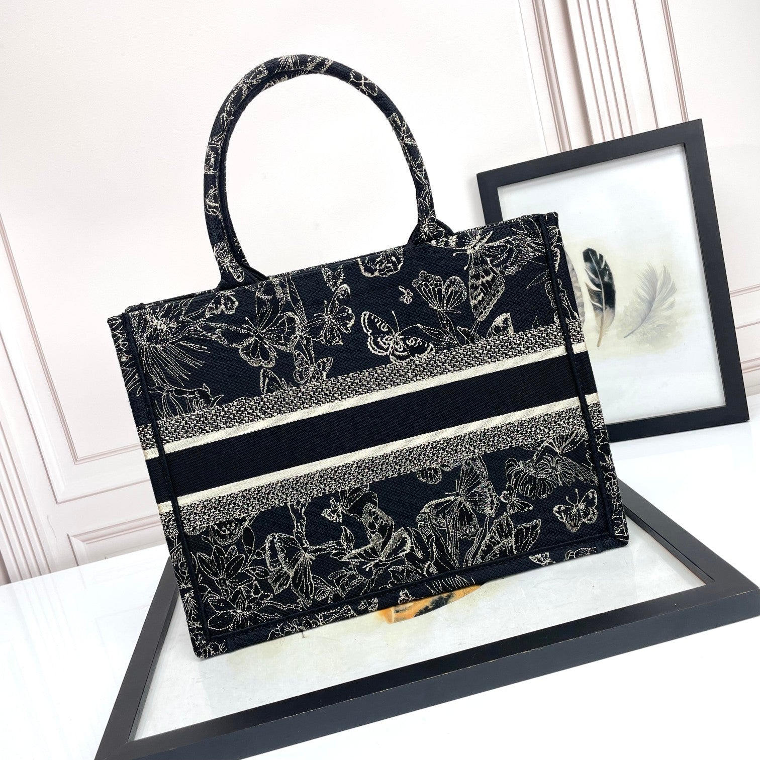 Christian Dior Medium Book Tote Black and Beige Butterfly Embroidered Canvas