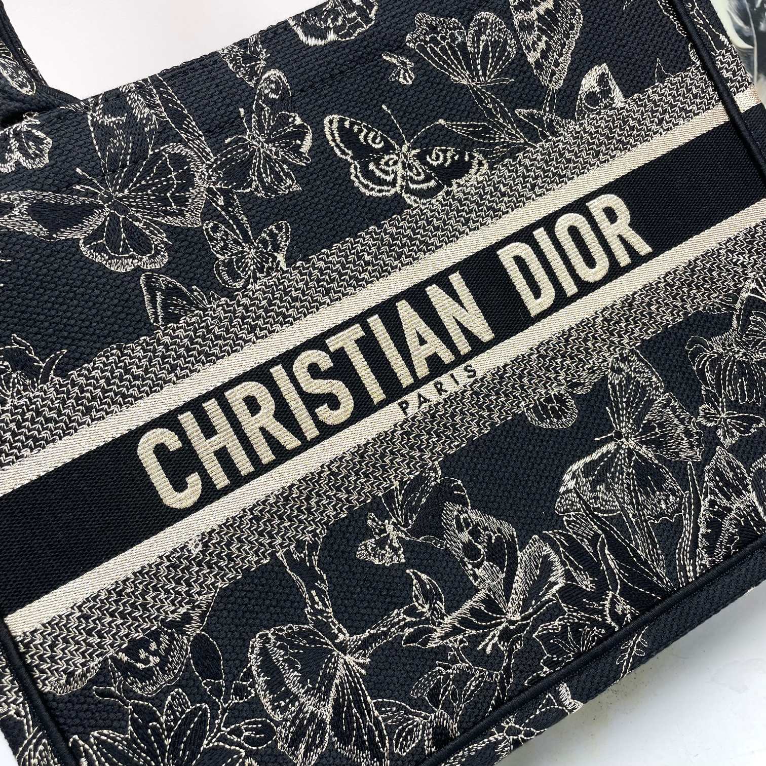 Christian Dior Medium Book Tote Black and Beige Butterfly Embroidered Canvas