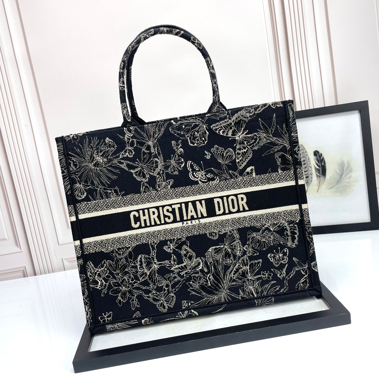 Christian Dior Large Book Tote Black and White Butterfly Embroidery Bag