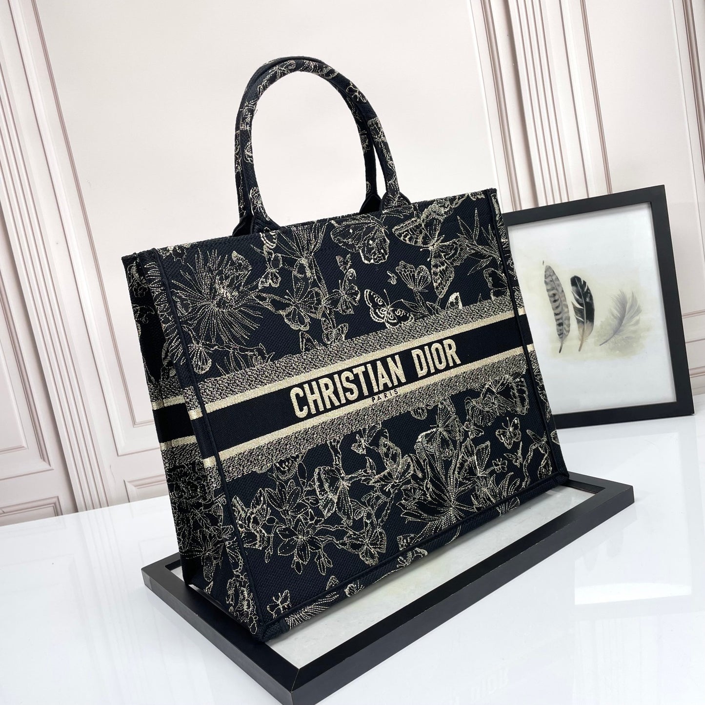 Christian Dior Book Tote Black with Gold Butterfly Embroidery Canvas Handbag