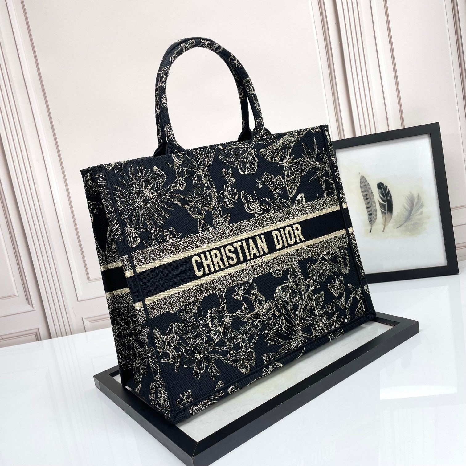 Christian Dior Book Tote Black with Gold Butterfly Embroidery Canvas Handbag