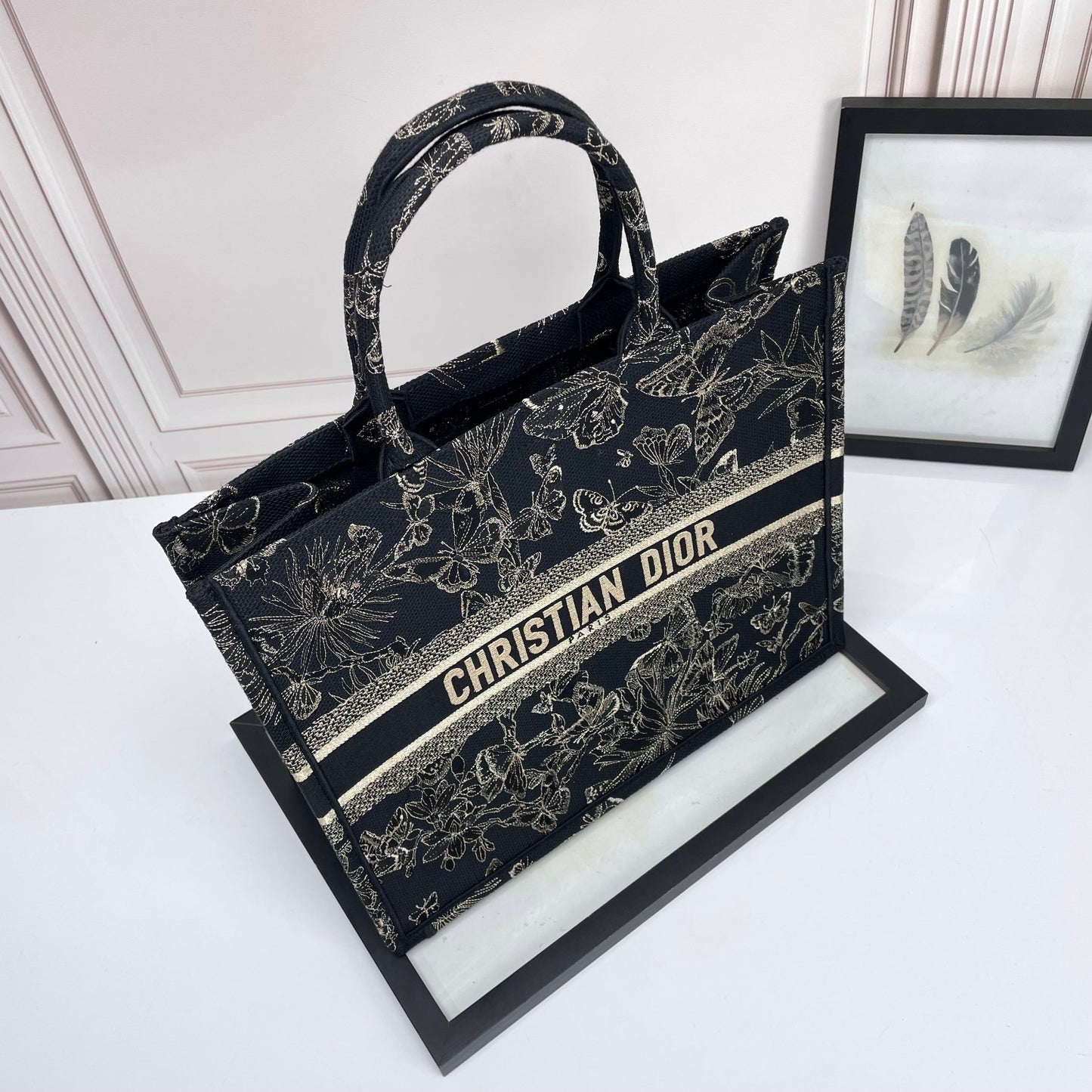 Christian Dior Book Tote Black with Gold Butterfly Embroidery Canvas Handbag