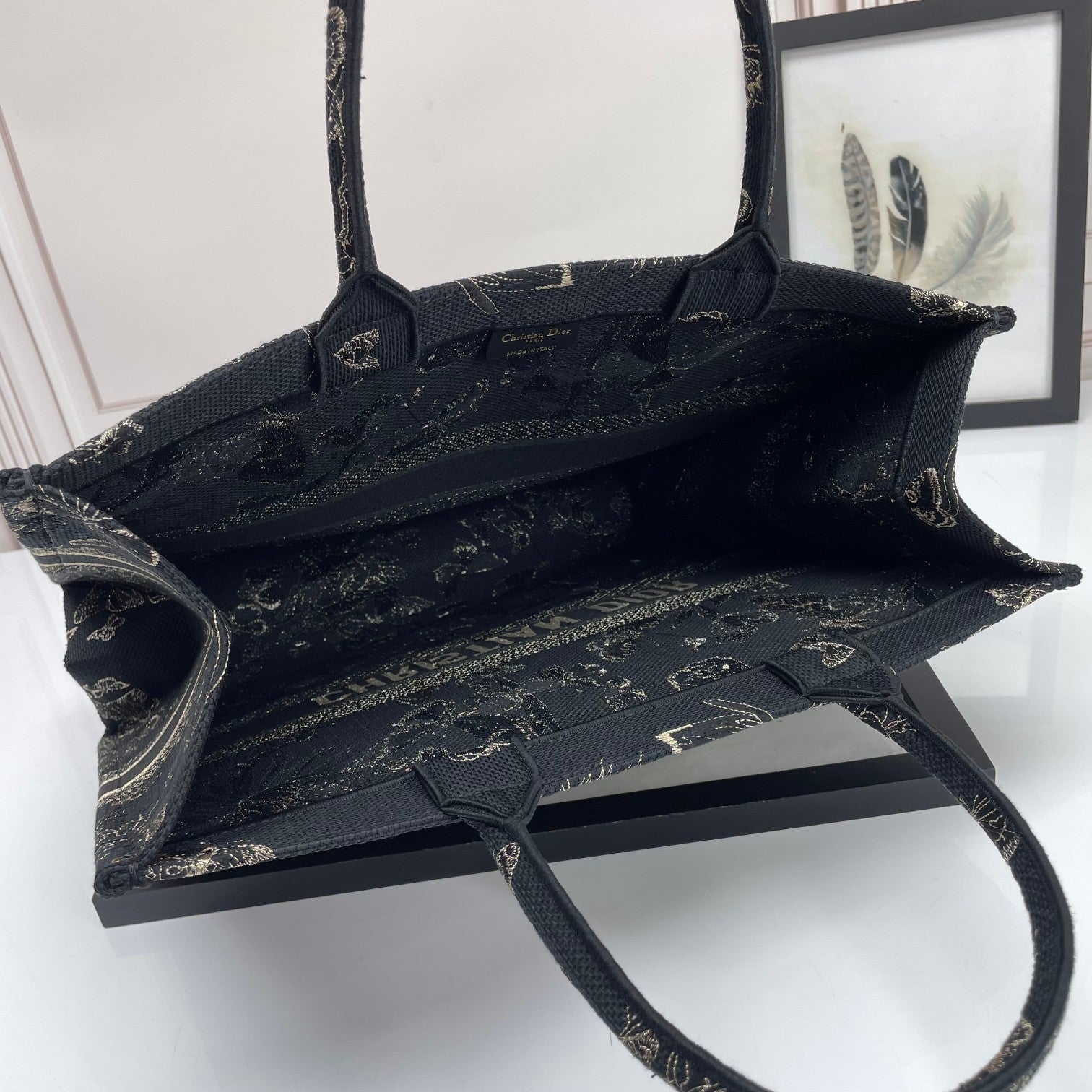 Christian Dior Book Tote Black with Gold Butterfly Embroidery Canvas Handbag
