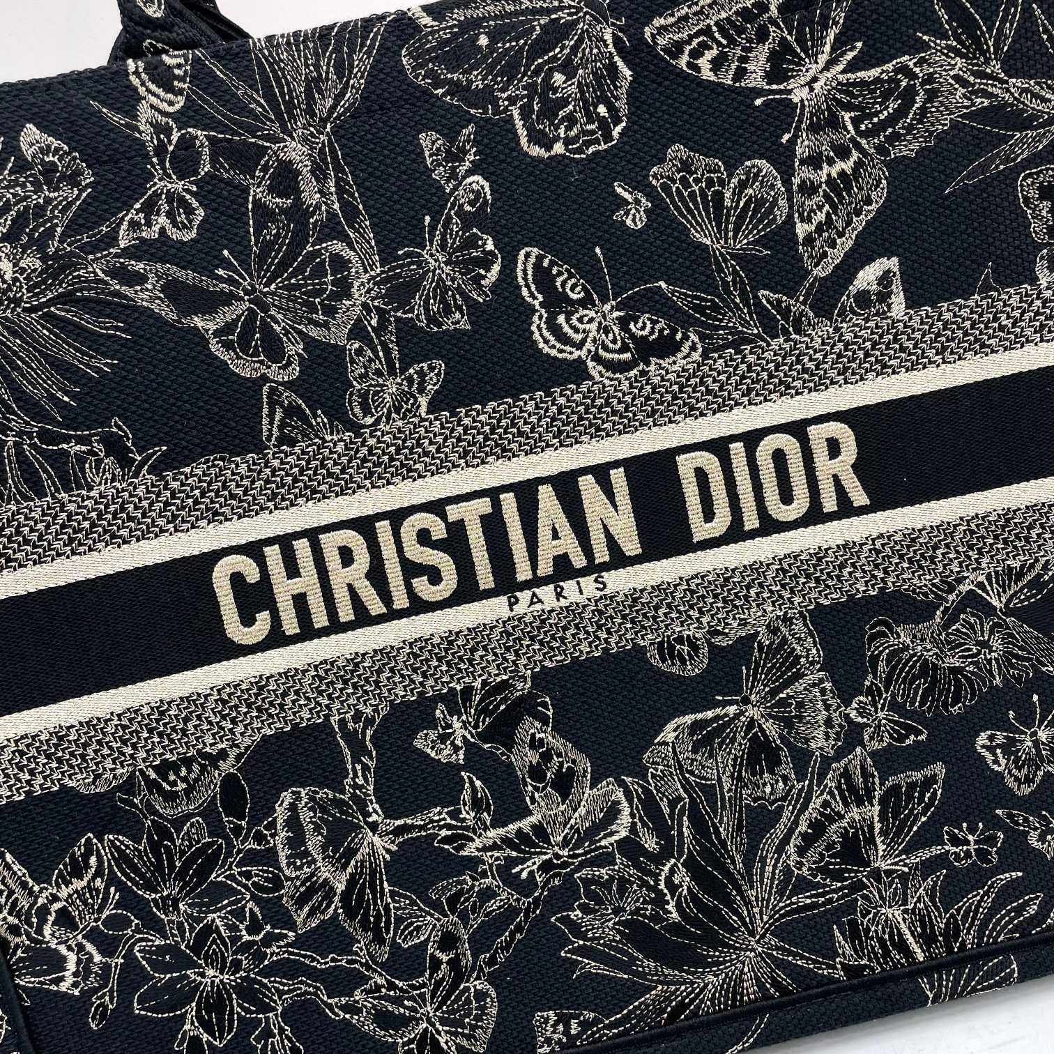 Christian Dior Book Tote Black with Gold Butterfly Embroidery Canvas Handbag