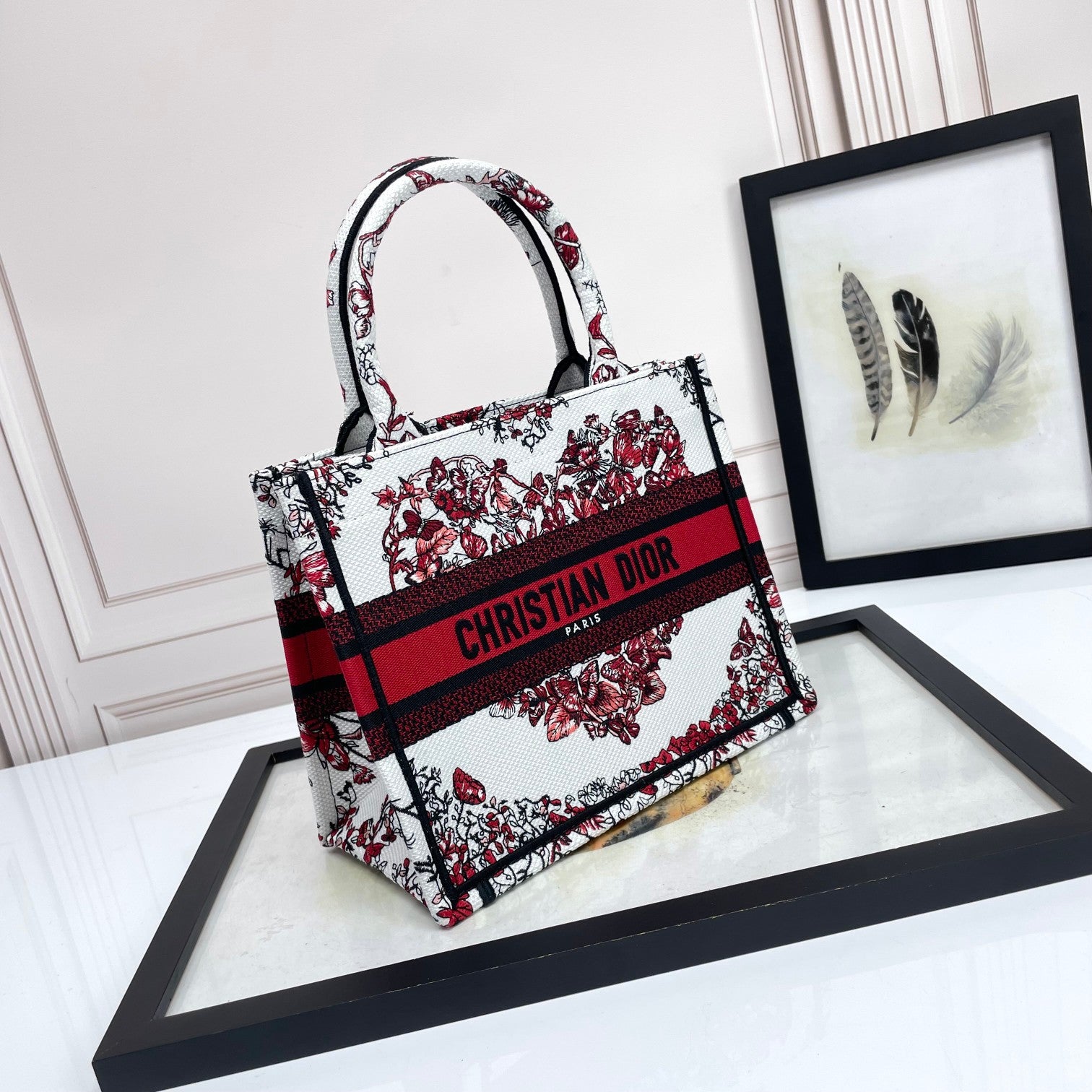 Christian Dior Book Tote Bag - White and Red Heart Motif Embroidery