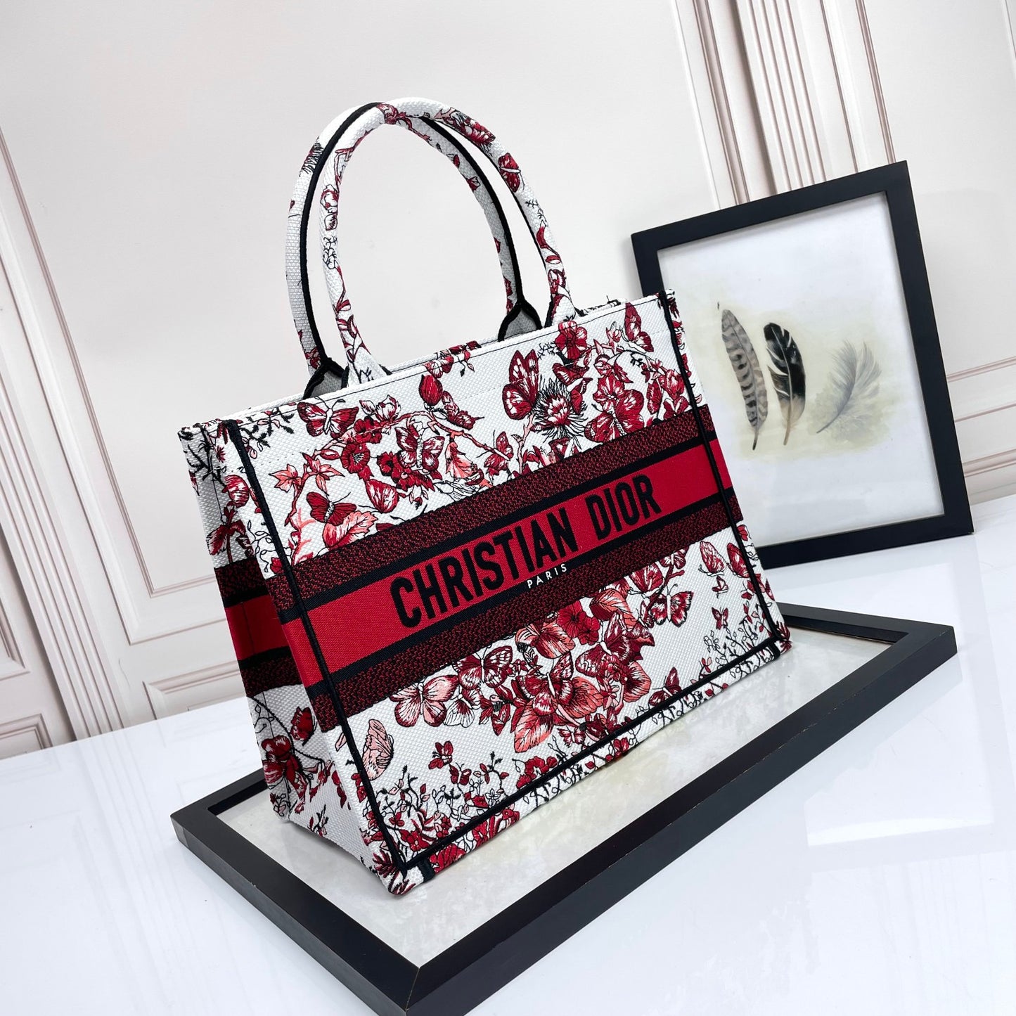 Christian Dior Large Book Tote Red and White Butterfly Floral Embroidery Canvas Bag