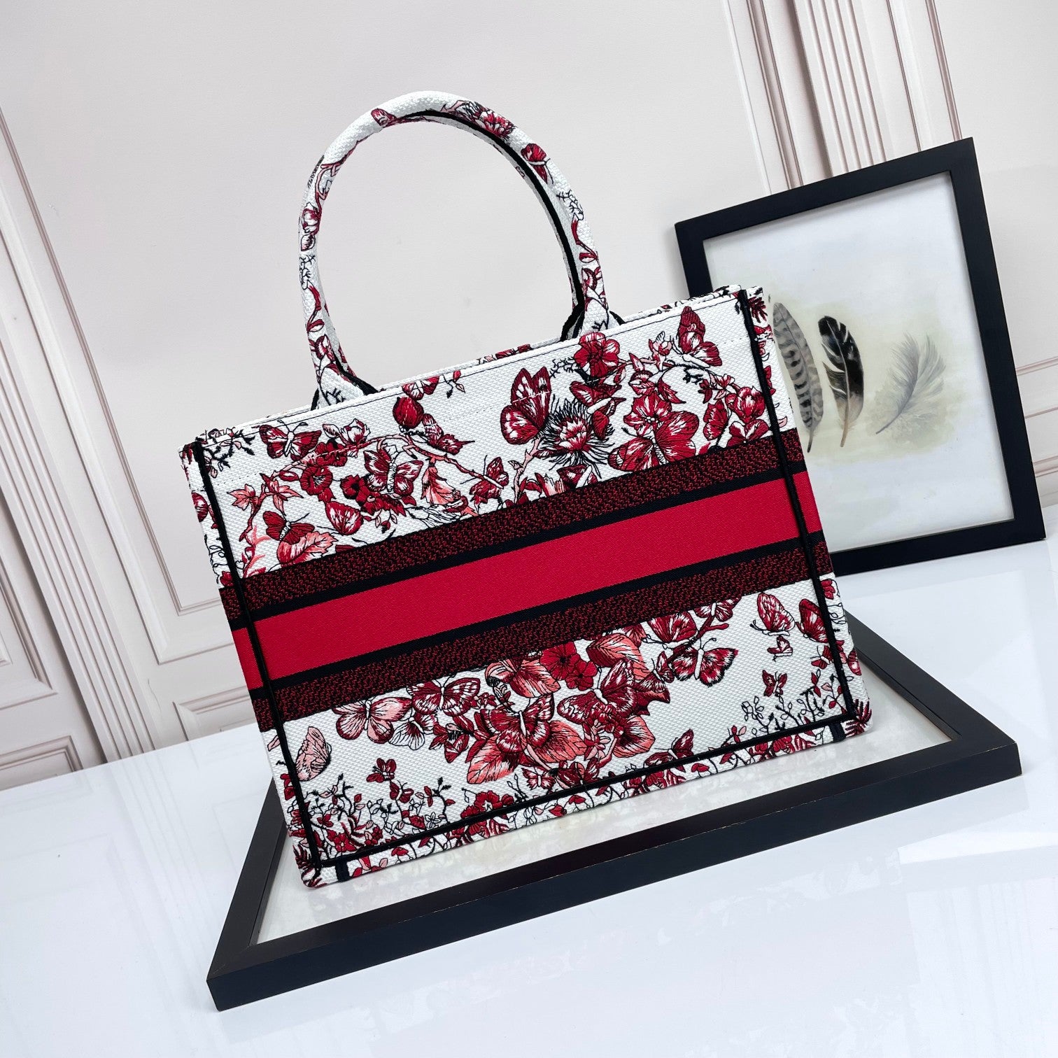 Christian Dior Medium Book Tote - Red and White Butterfly Embroidered Canvas