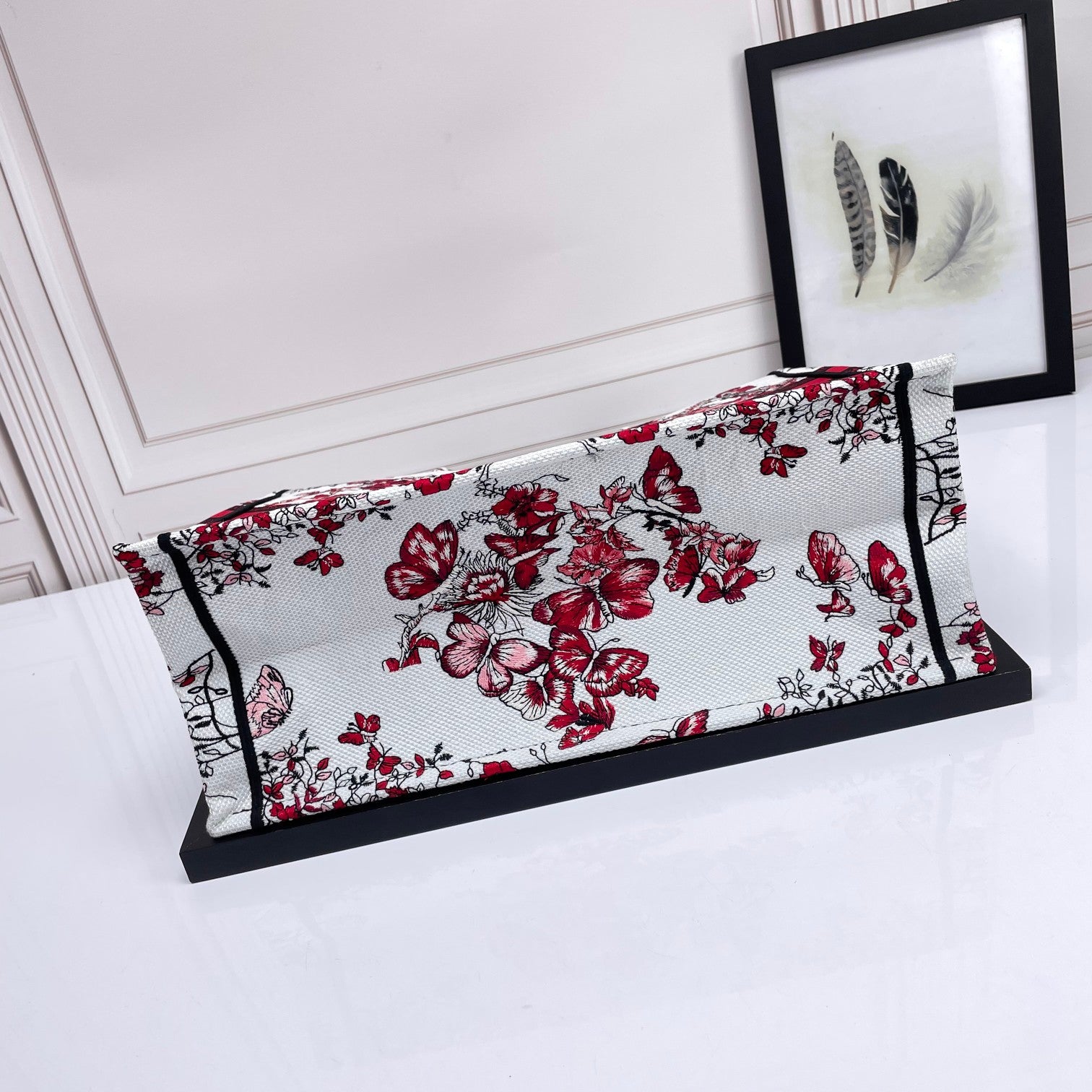Christian Dior Large Book Tote Red and White Butterfly Floral Embroidery Canvas Bag