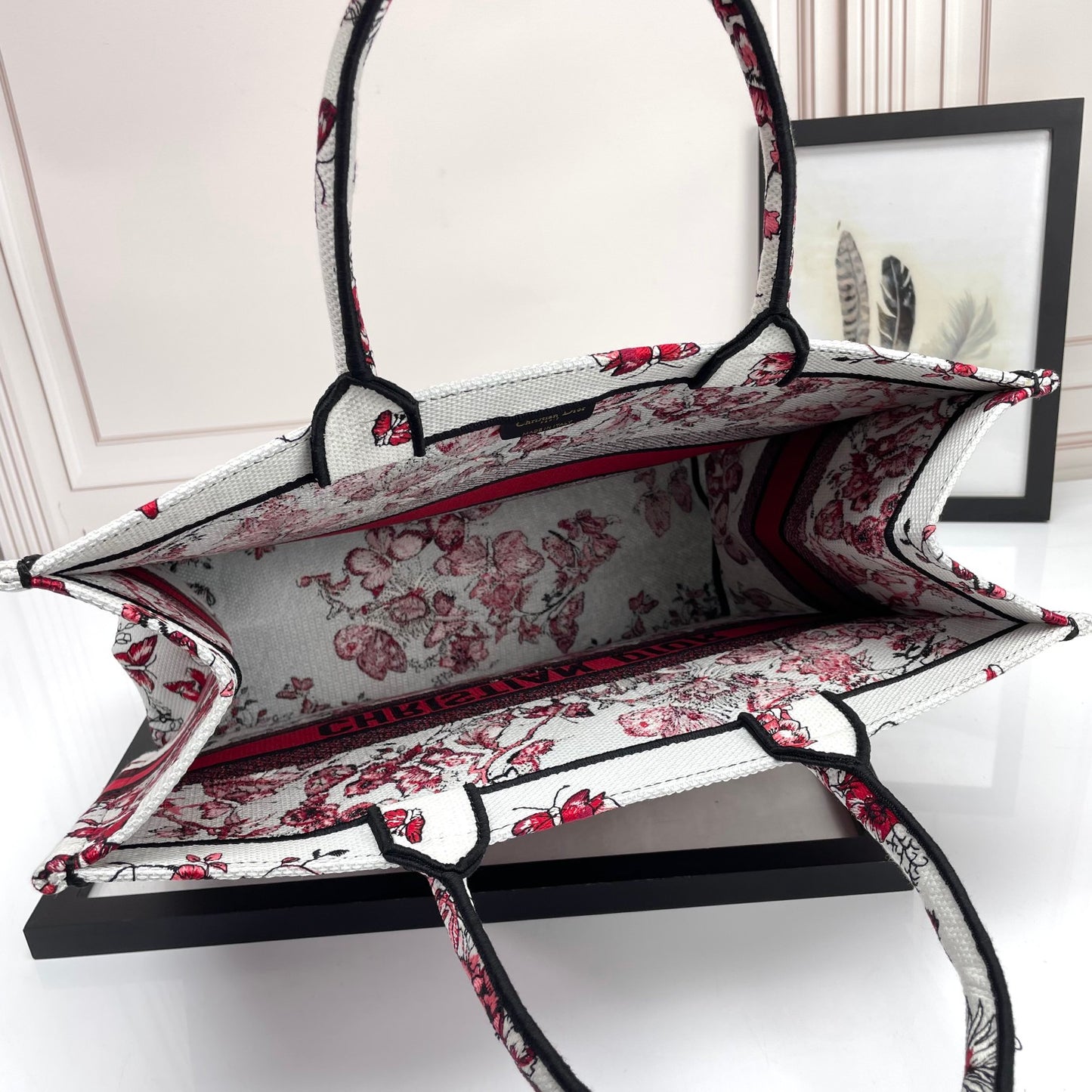 Christian Dior Medium Book Tote - Red and White Butterfly Embroidered Canvas