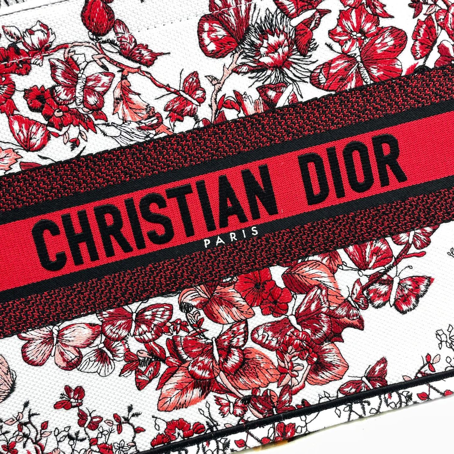 Christian Dior Large Book Tote Red and White Butterfly Floral Embroidery Canvas Bag