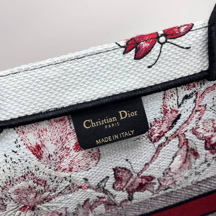 Christian Dior Large Book Tote Red and White Butterfly Floral Embroidery Canvas Bag