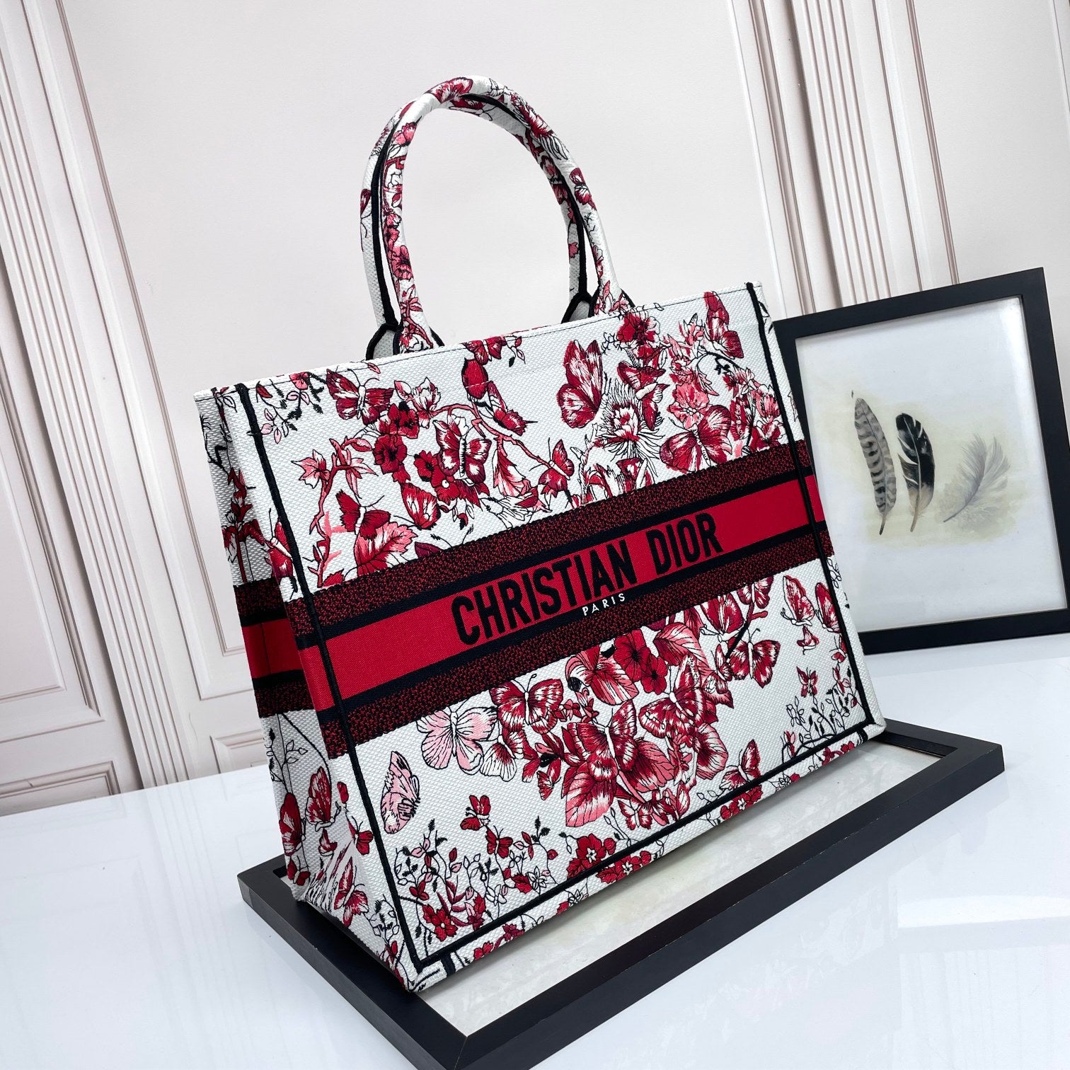 Christian Dior Small Book Tote - Red and White Butterfly Floral Canvas Handbag