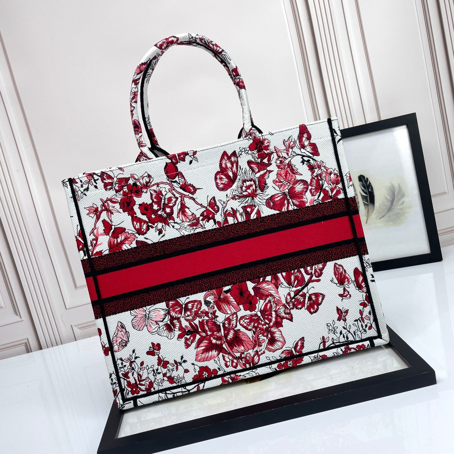 Christian Dior Small Book Tote - Red and White Butterfly Floral Canvas Handbag